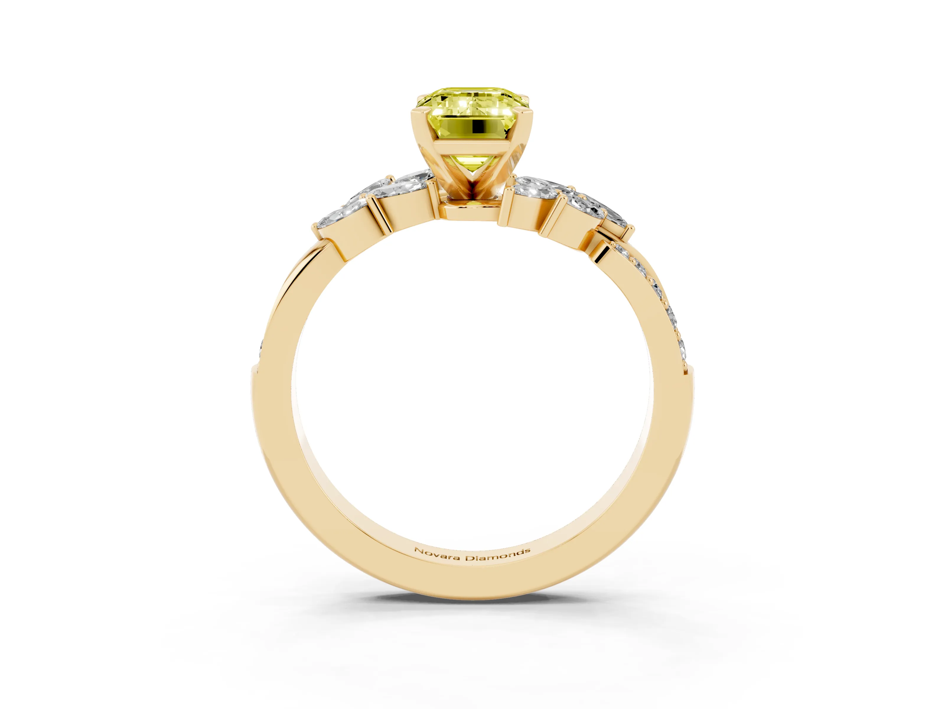 Fancy Yellow Emerald Cut Diamond Solitaire Ring Set in Yellow gold with Marquise Twist Band and Prong Setting