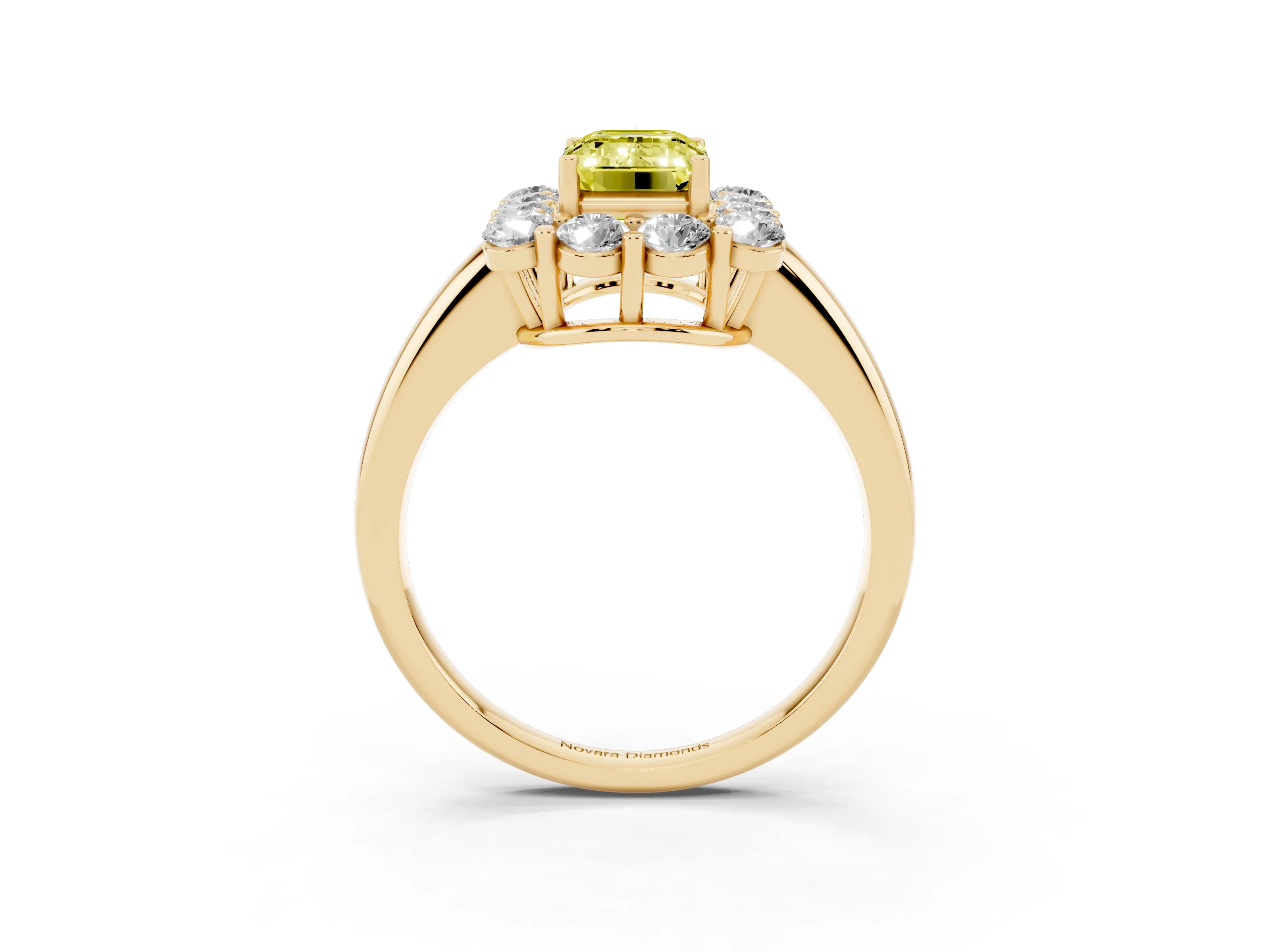 Fancy Yellow Emerald Cut Diamond Halo Cluster Engagement Ring Set in Yellow gold with Polished Band and Prong Setting