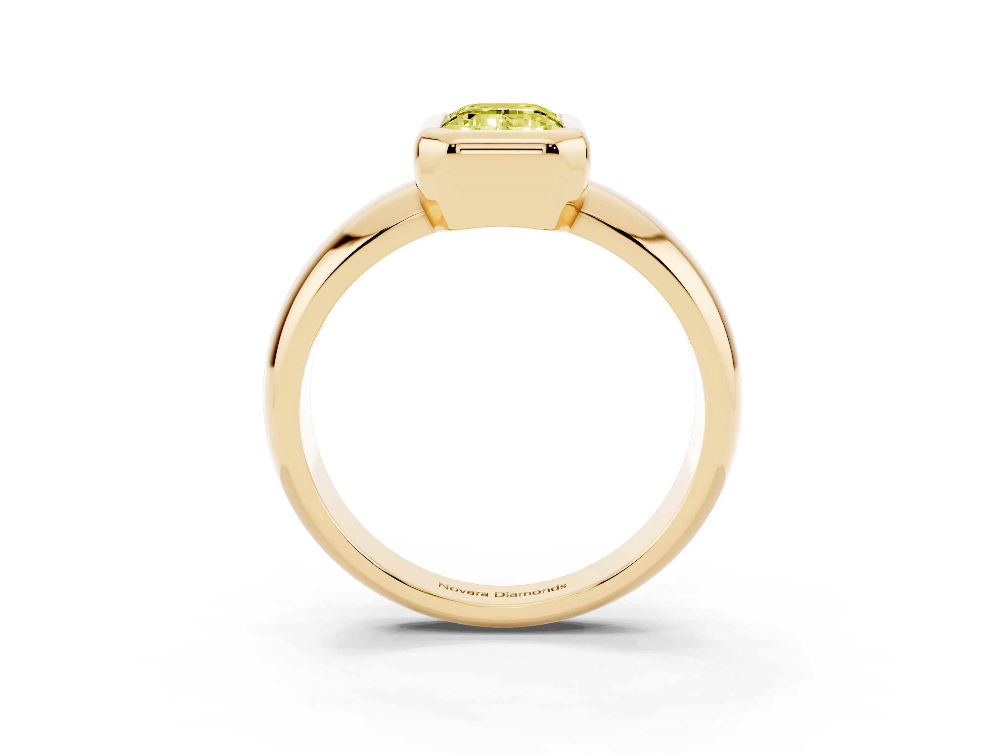Fancy Yellow Bezel Set Emerald Cut Diamond Solitaire Ring Set in Yellow gold with Wide Band