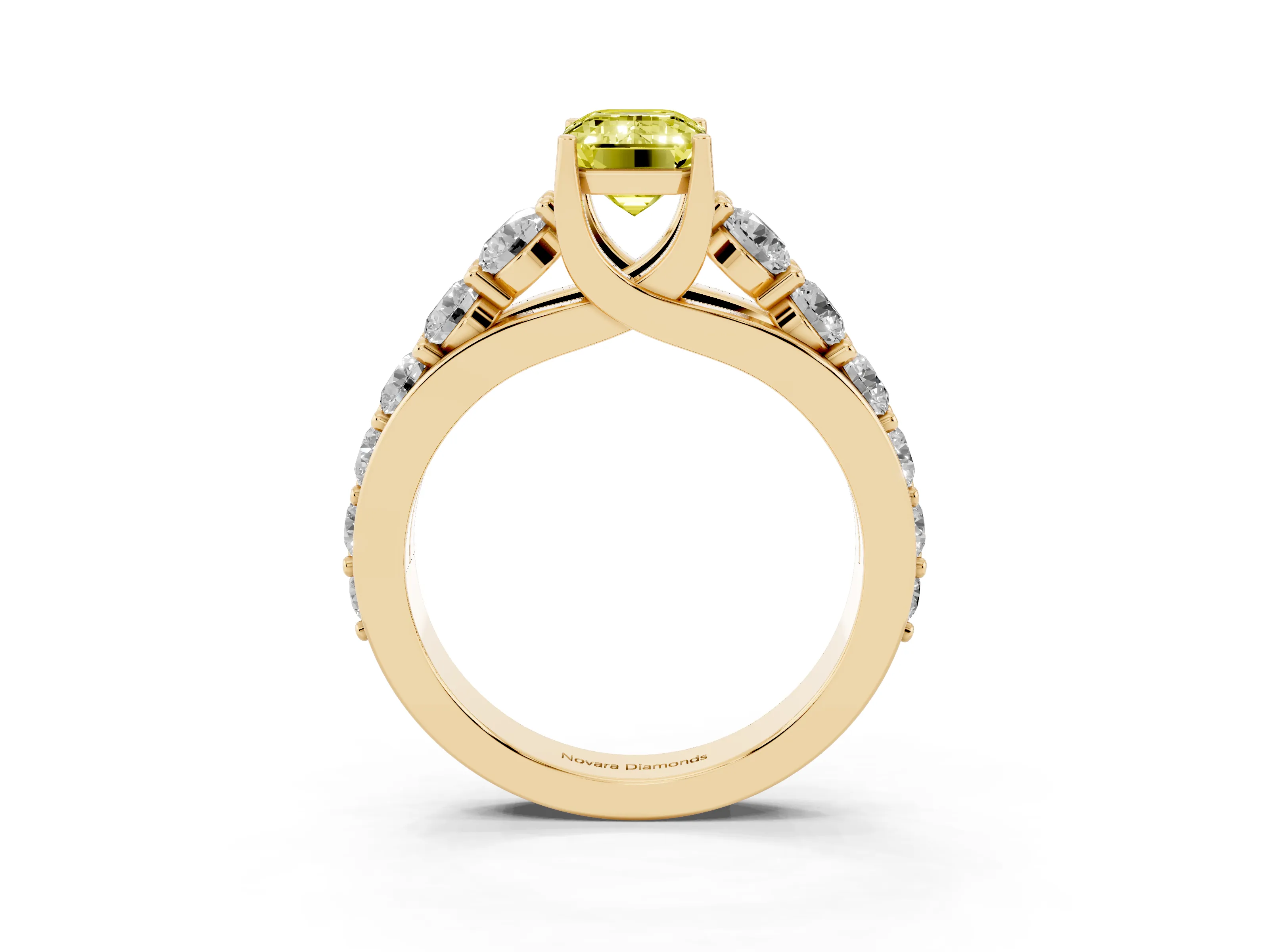 Fancy Yellow Emerald Cut Diamond Pavé Engagement Ring Set in Yellow gold with Prong Setting
