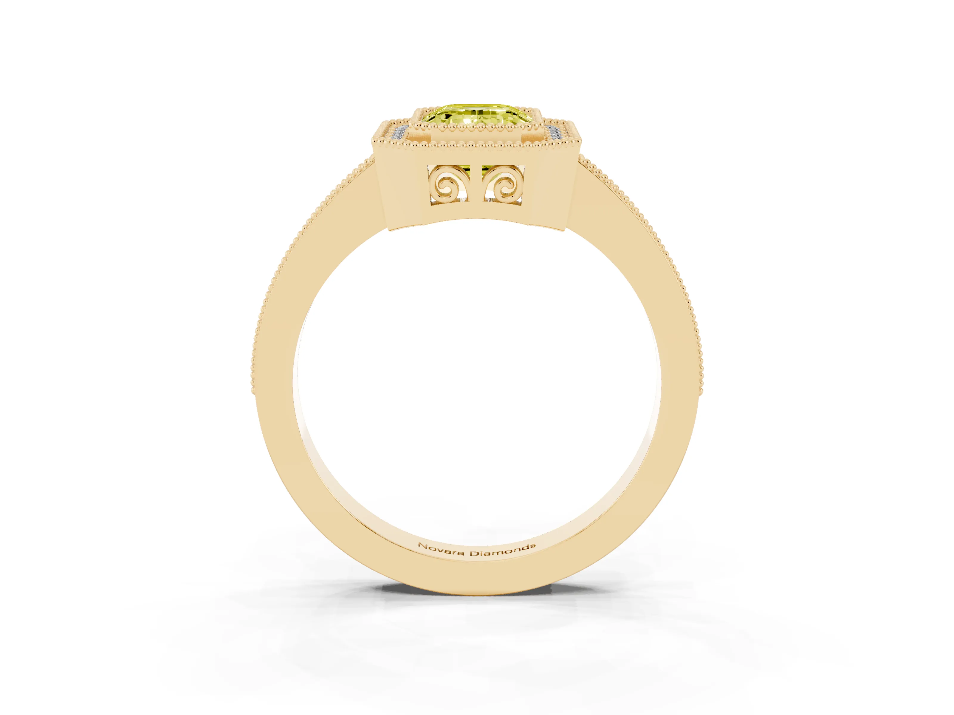 Fancy Yellow Emerald Cut Diamond Round Halo Ring Set in Yellow gold with Pavé Band