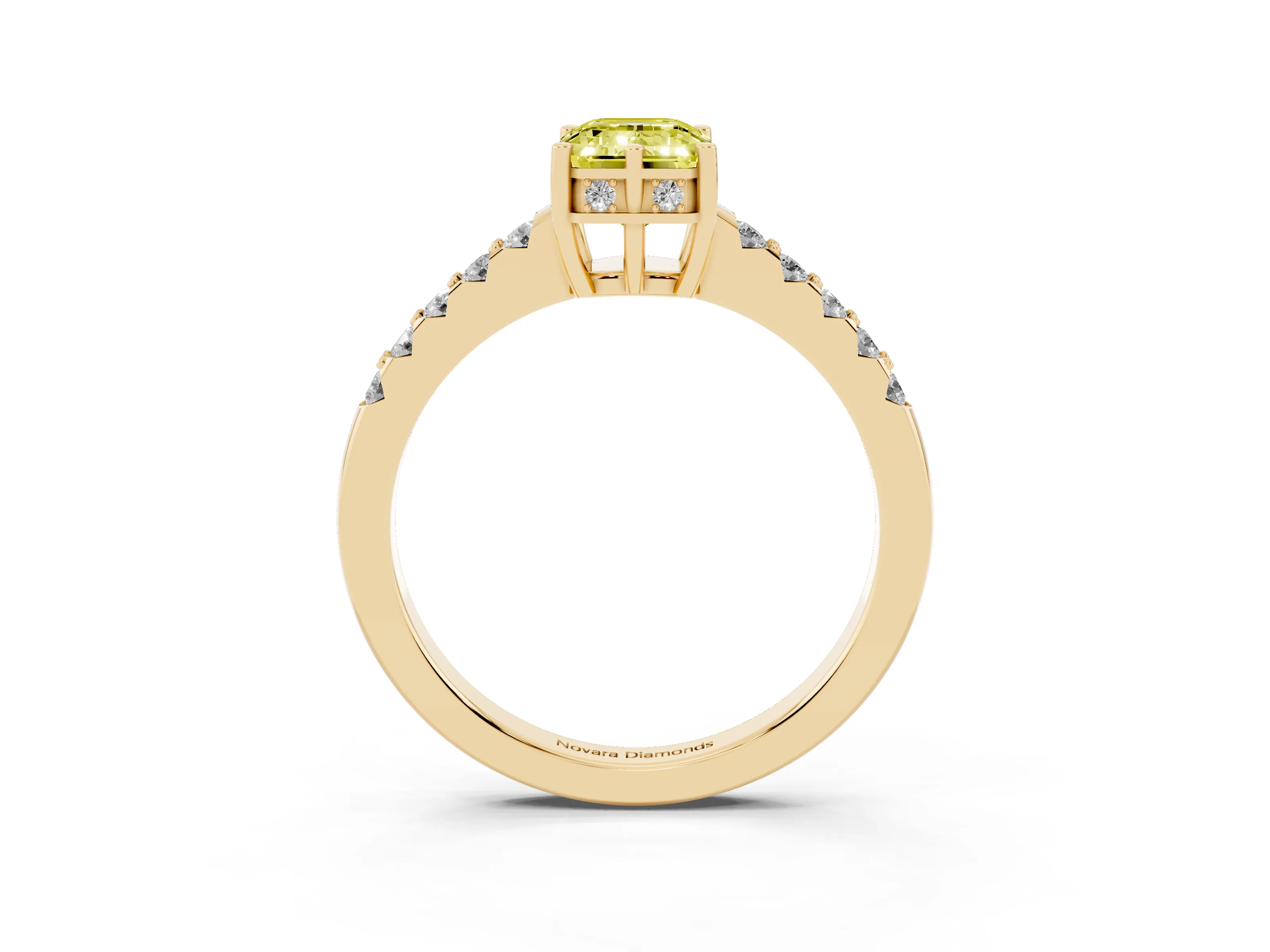 Fancy Yellow Emerald Cut Diamond Solitaire Engagement Ring Set in Yellow gold with Pavé Band and Prong Setting