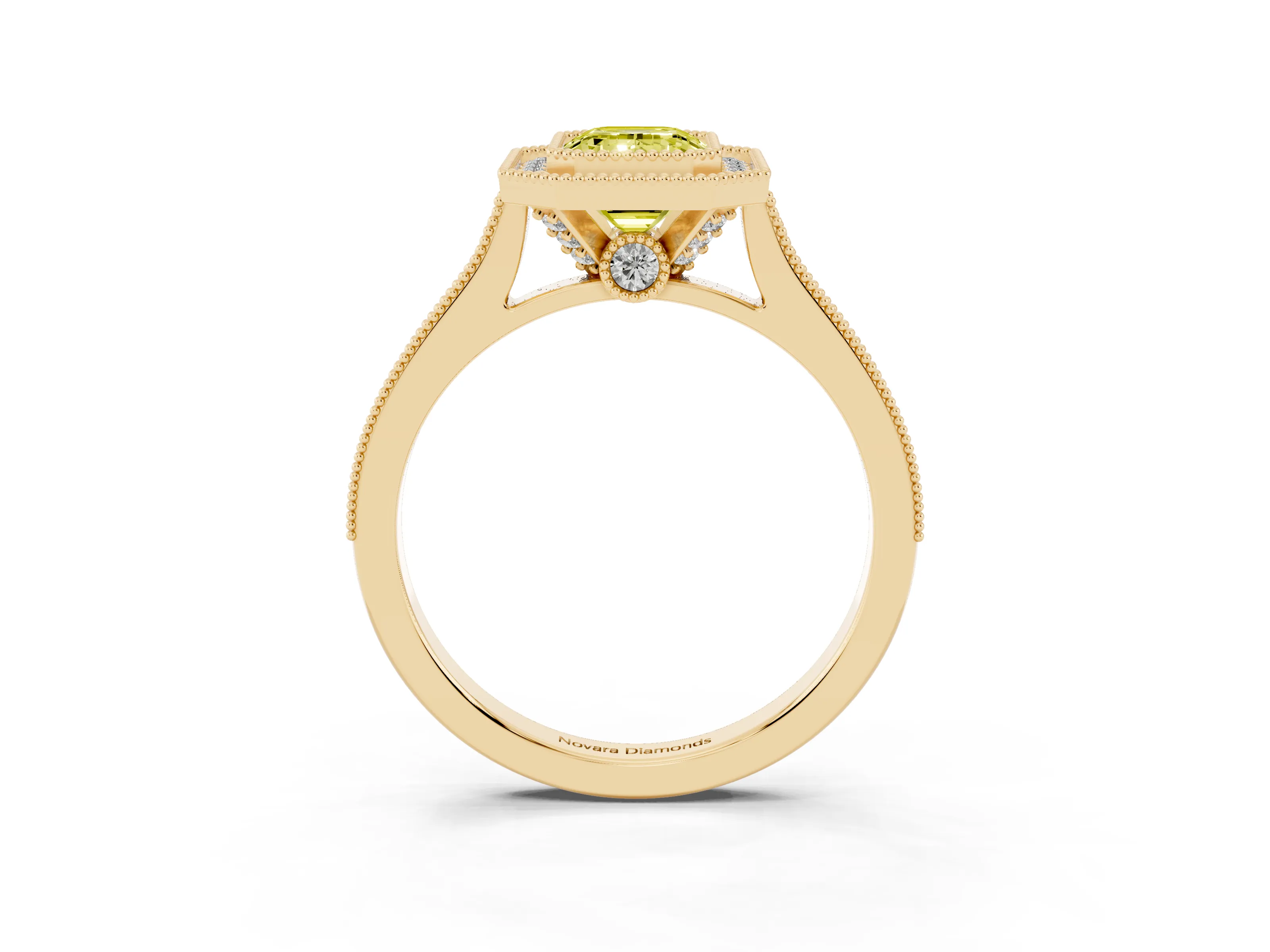 Fancy Yellow Emerald Cut Diamond Halo Milgrain Pavé Band Ring Set in Yellow gold with Prong Setting