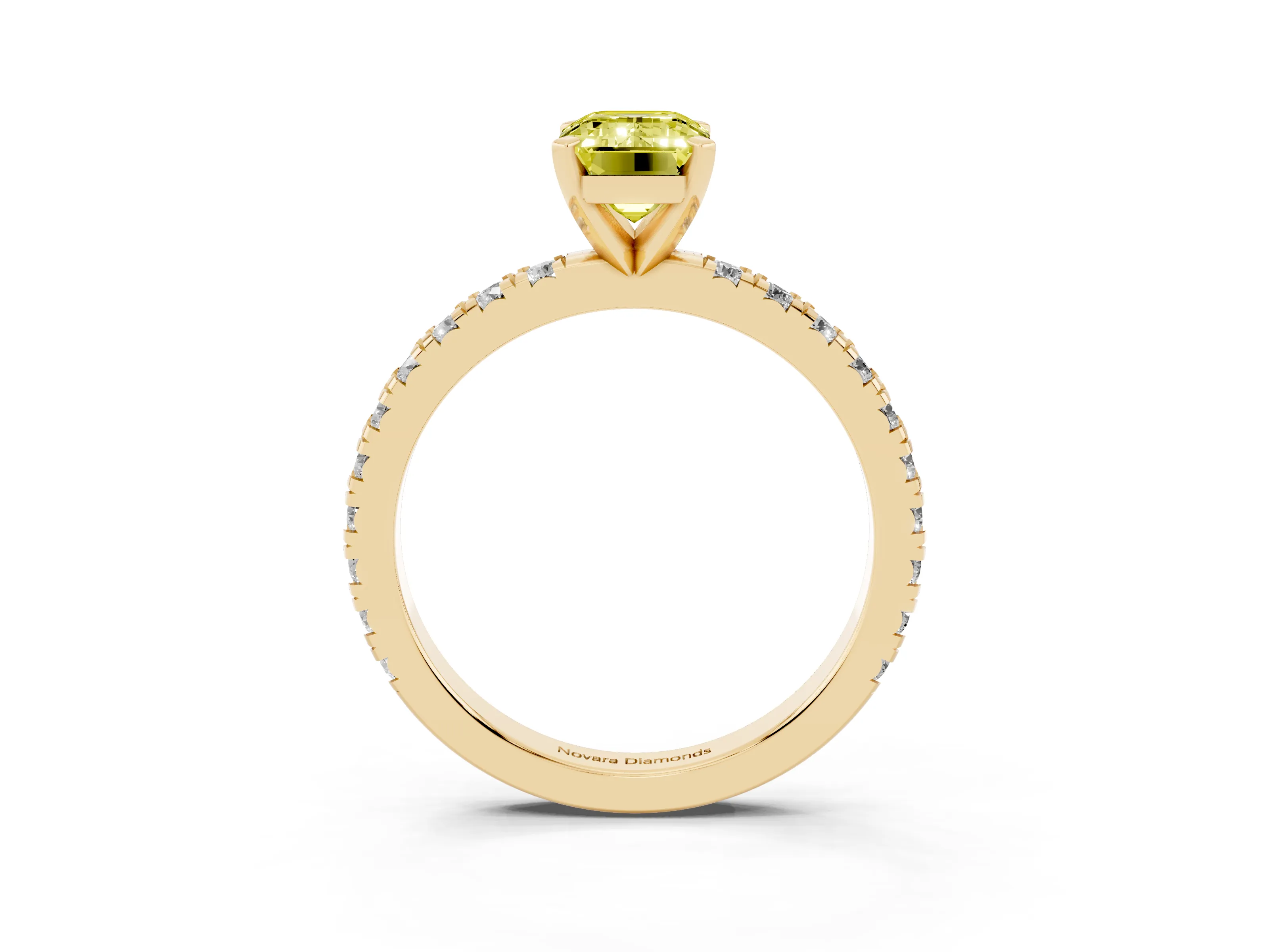 Fancy Yellow Emerald Cut Diamond Pavé Band Solitaire Set in Yellow gold with Prong Setting