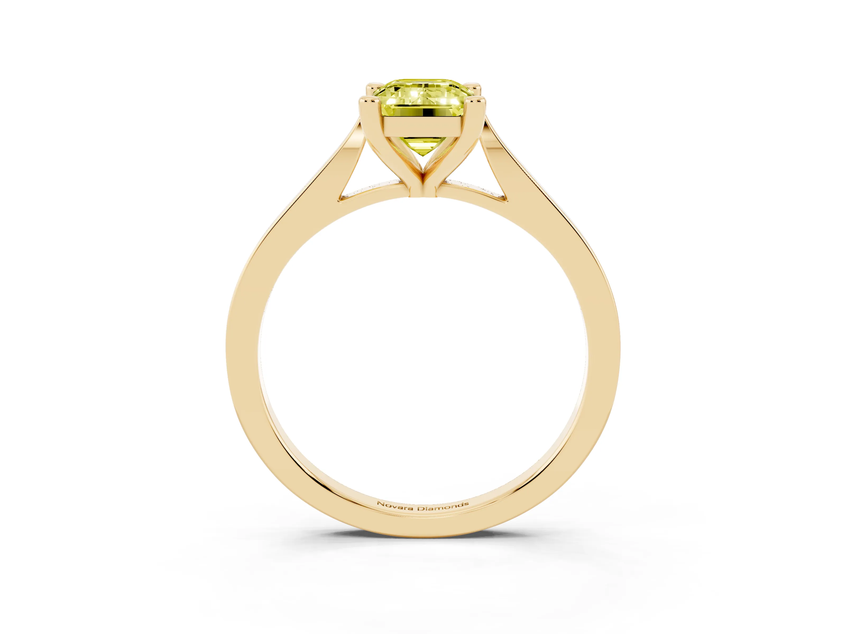 Fancy Yellow Emerald Cut Diamond Solitaire Ring Set in Yellow gold with Prong Setting and Tapered Band