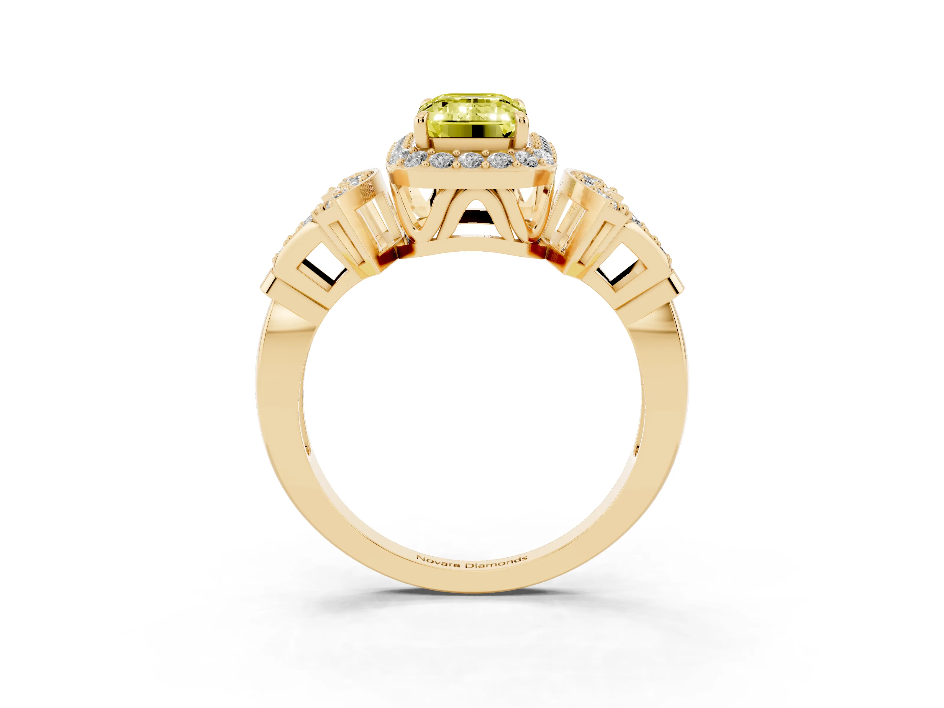 Fancy Yellow Emerald Cut Diamond Halo Engagement Ring Set in Yellow gold with Accent Stone Split Shank