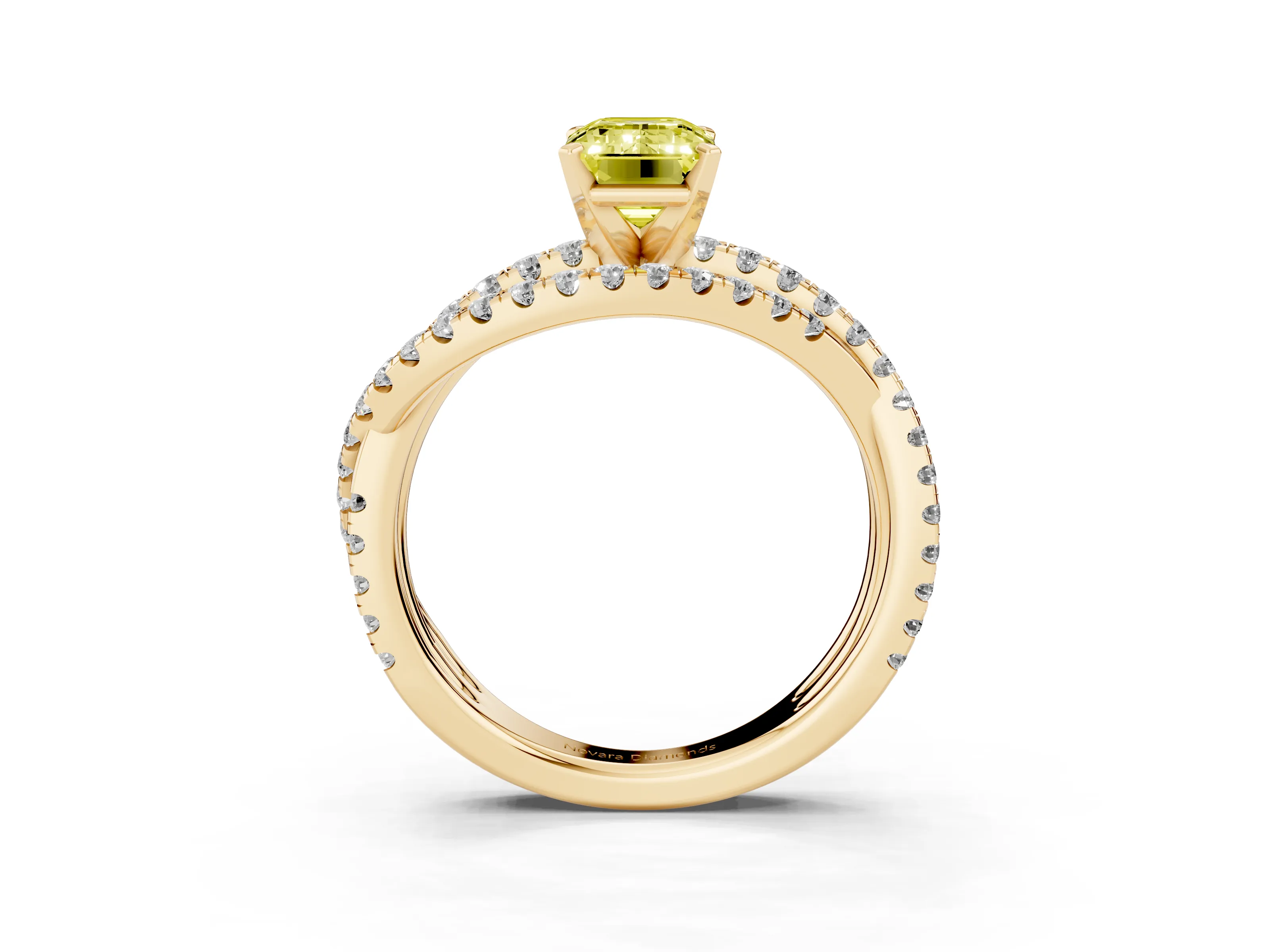 Fancy Yellow Emerald Cut Diamond Solitaire Twist Band Ring Set in Yellow gold with Pavé Setting and Prong Head