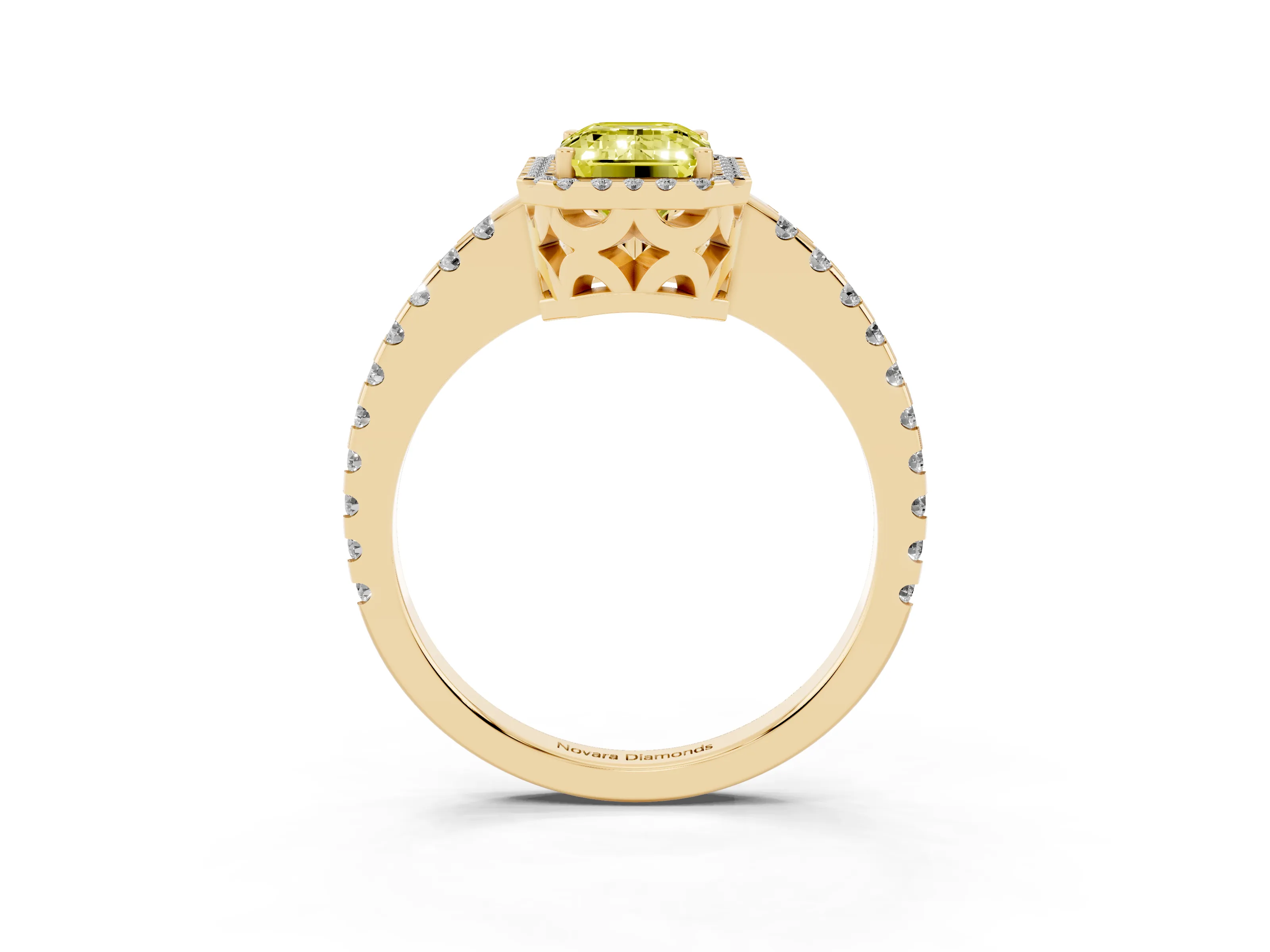 Fancy Yellow Emerald Cut Diamond Halo Ring Set in Yellow gold with Pavé Shoulders and Halo-Framed Center