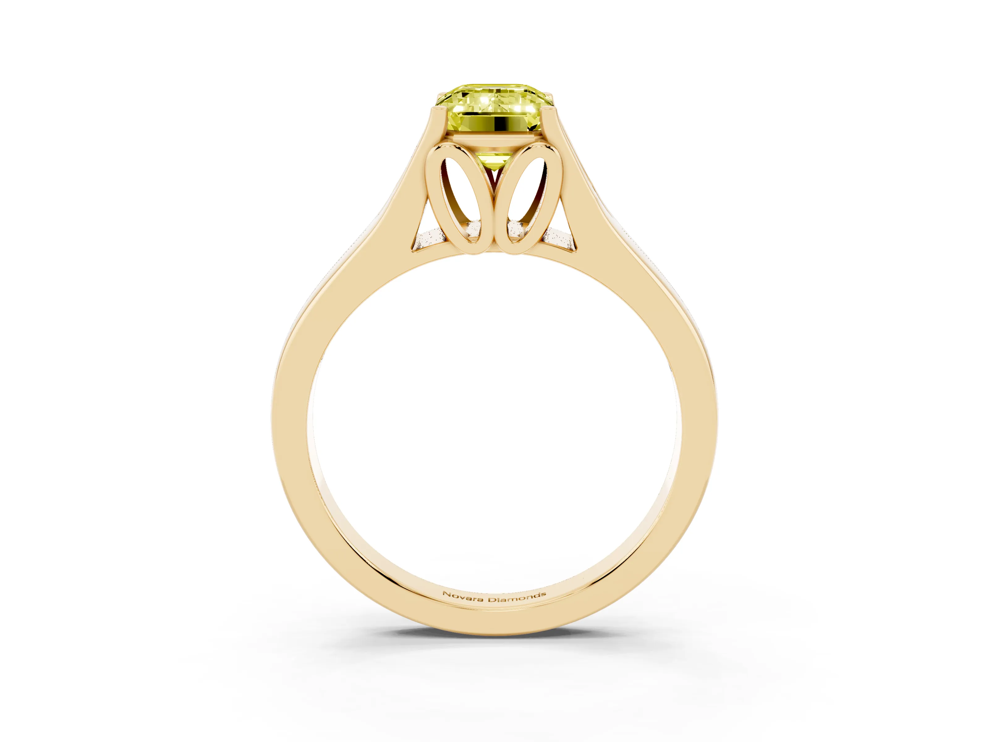 Fancy Yellow Emerald Cut Diamond Solitaire Ring Set in Yellow gold with Arched Cathedral Band and Prong Setting