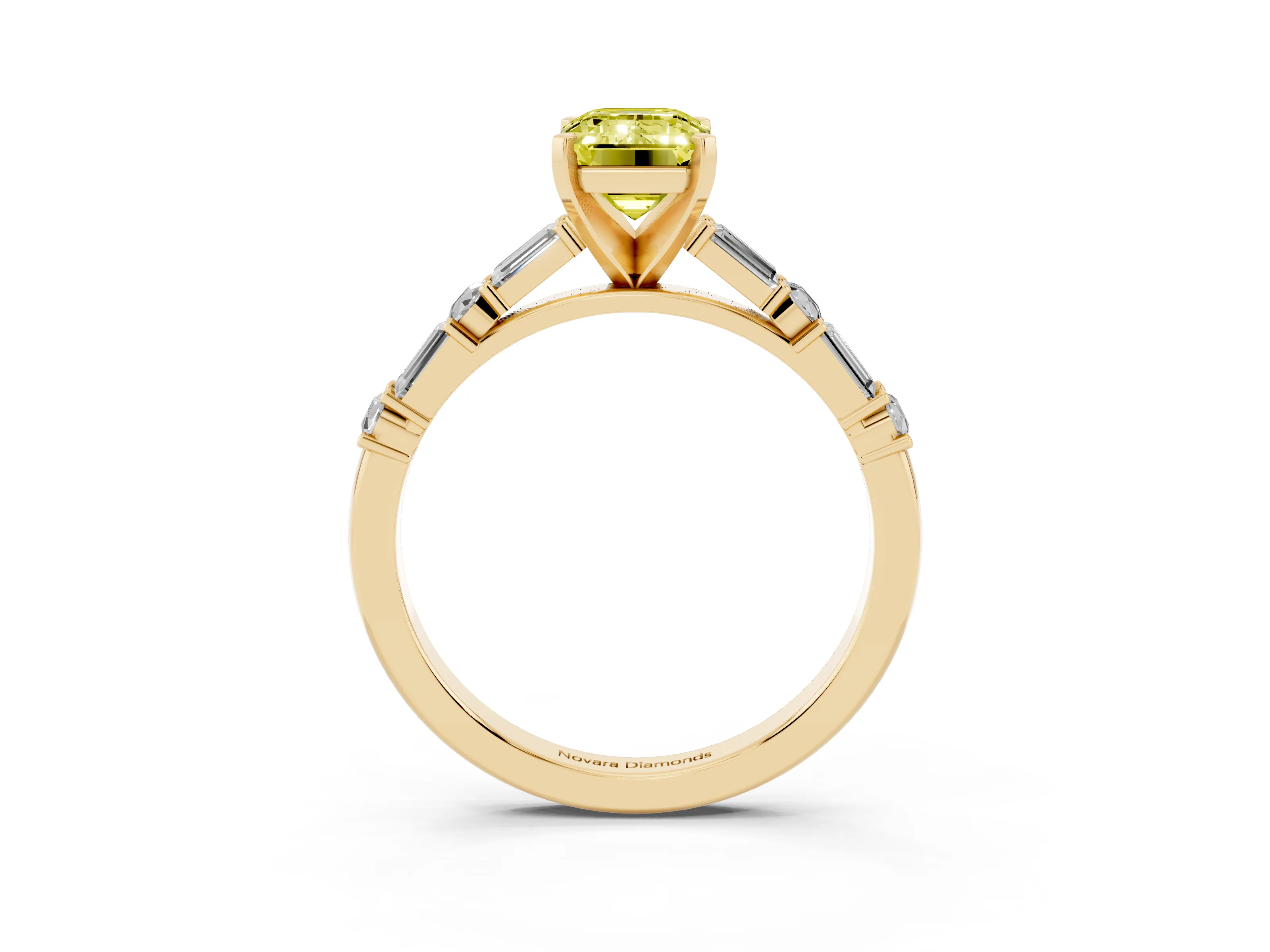 Fancy Yellow Emerald Cut Diamond Solitaire Set in Yellow gold with Side Baguettes and Channel Set Band