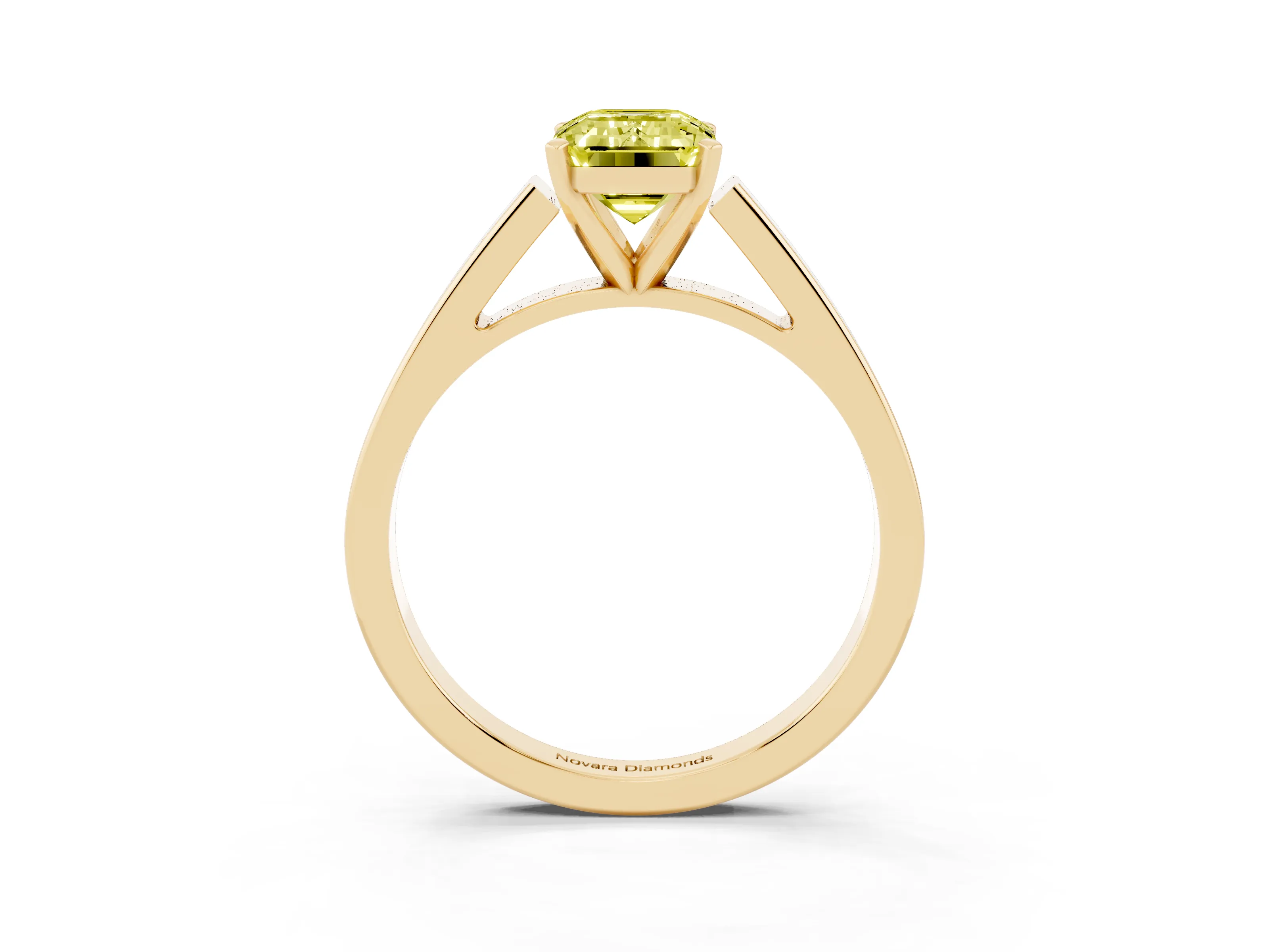 Fancy Yellow Emerald Cut Diamond Solitaire Engagement Ring Set in Yellow gold with Prong Setting and Tapered Band