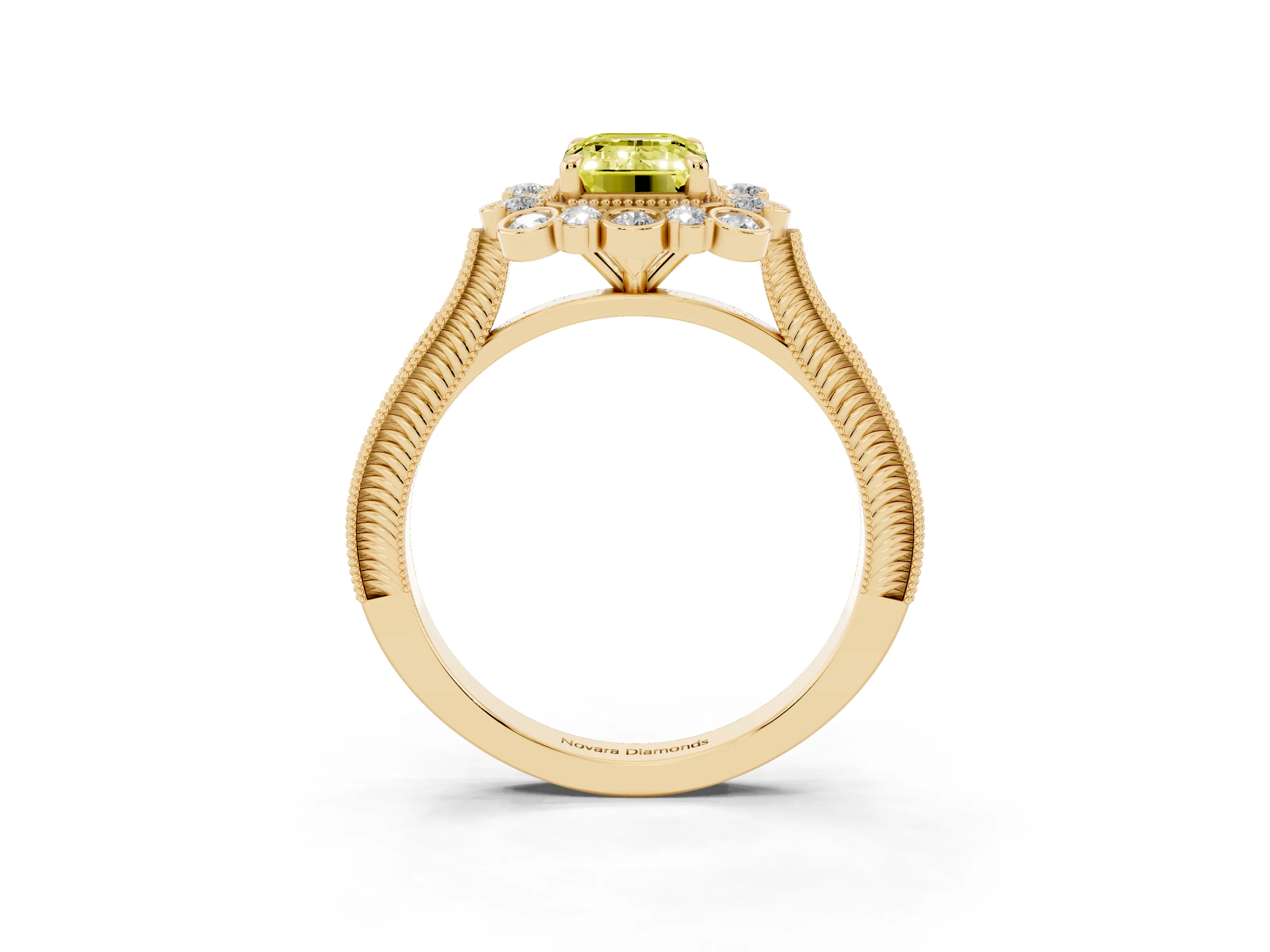 Fancy Yellow Emerald Cut Diamond Halo Milgrain Pavé Ring Set in Yellow gold with Prong Setting