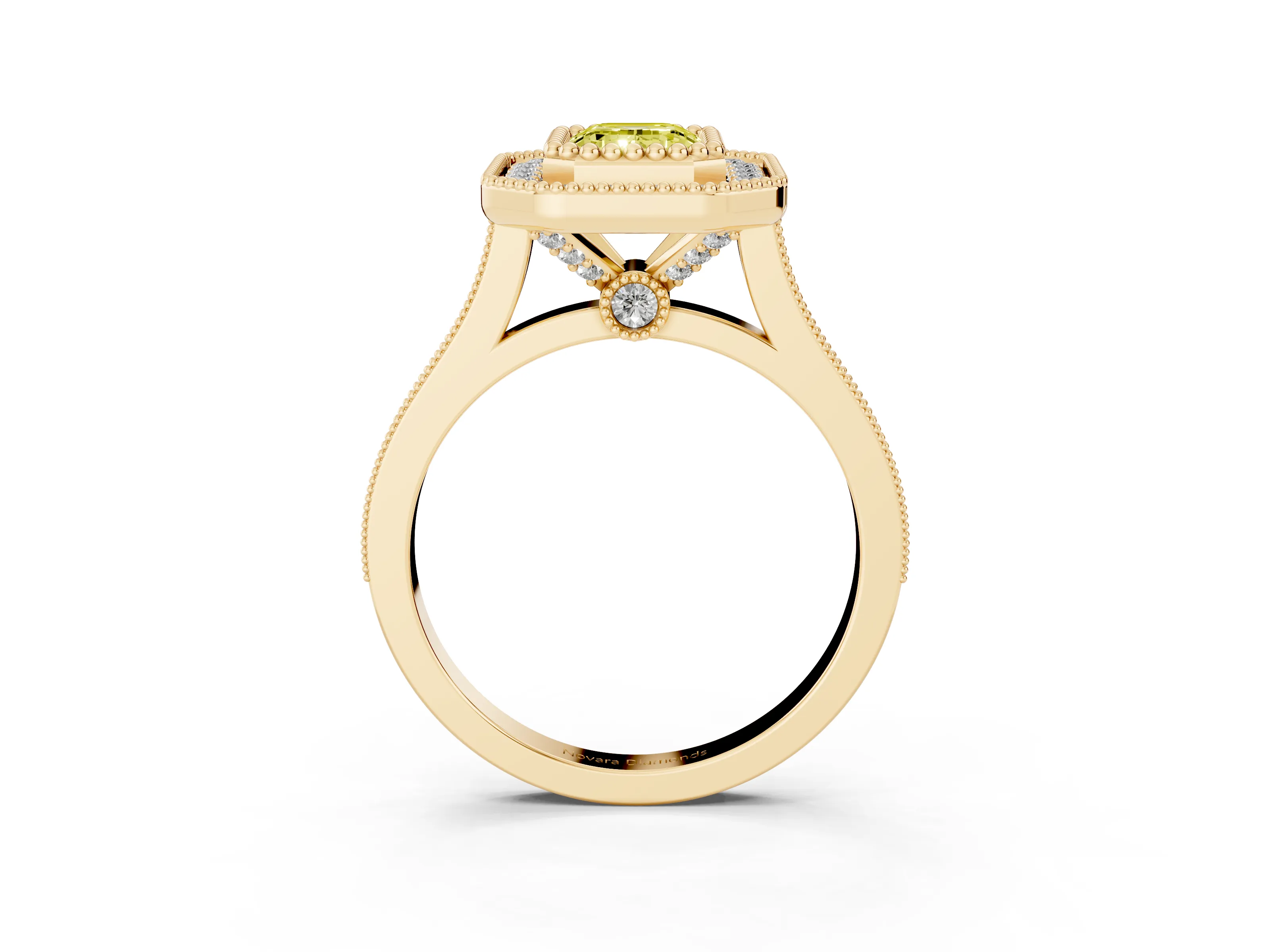 Fancy Yellow Emerald Cut Diamond Halo Ring Set in Yellow gold with Milgrain Frame and Pavé Band