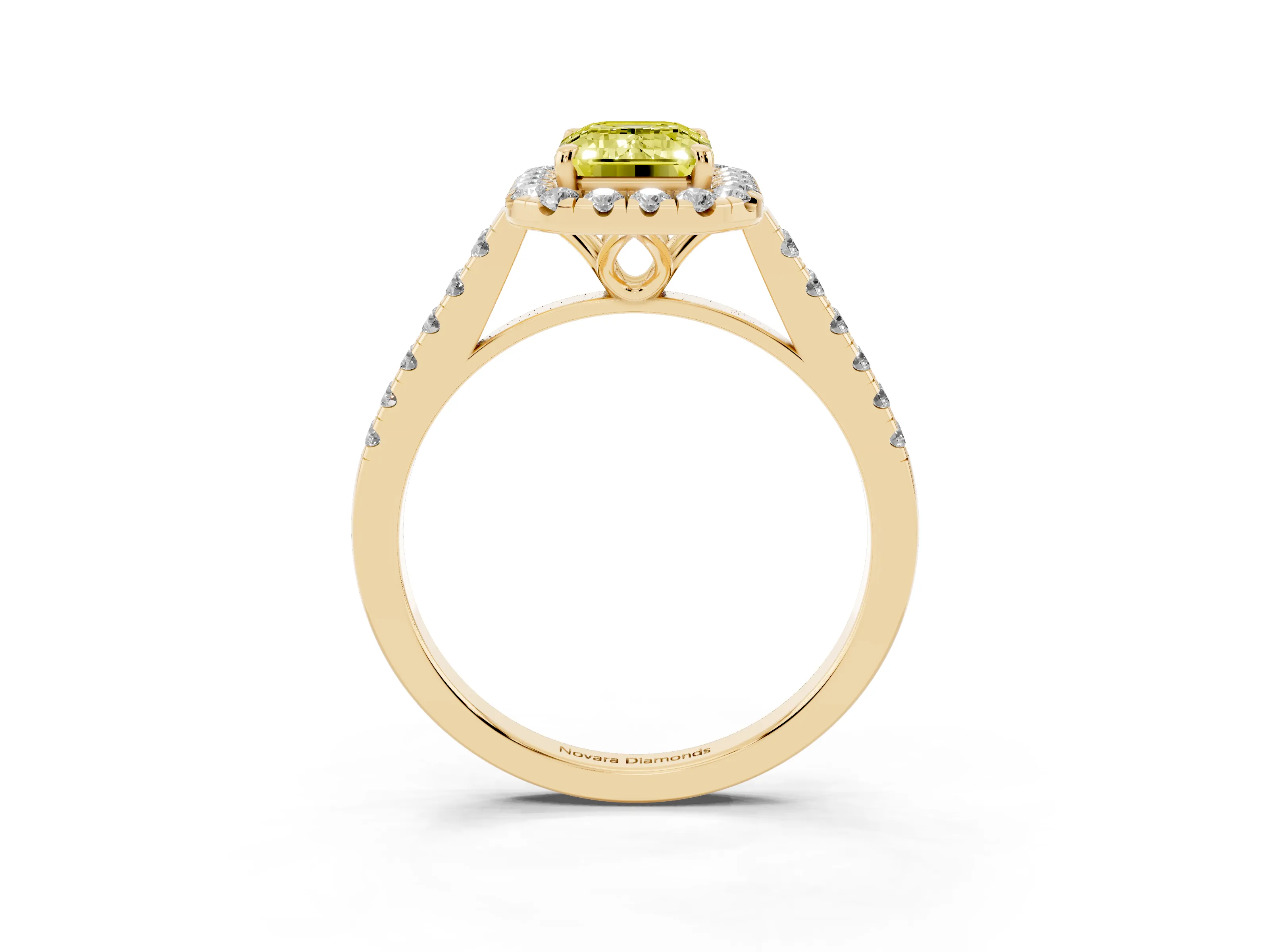 Fancy Yellow Emerald Cut Diamond Pavé Halo Engagement Ring Set in Yellow gold with Pavé Band and Prong Setting