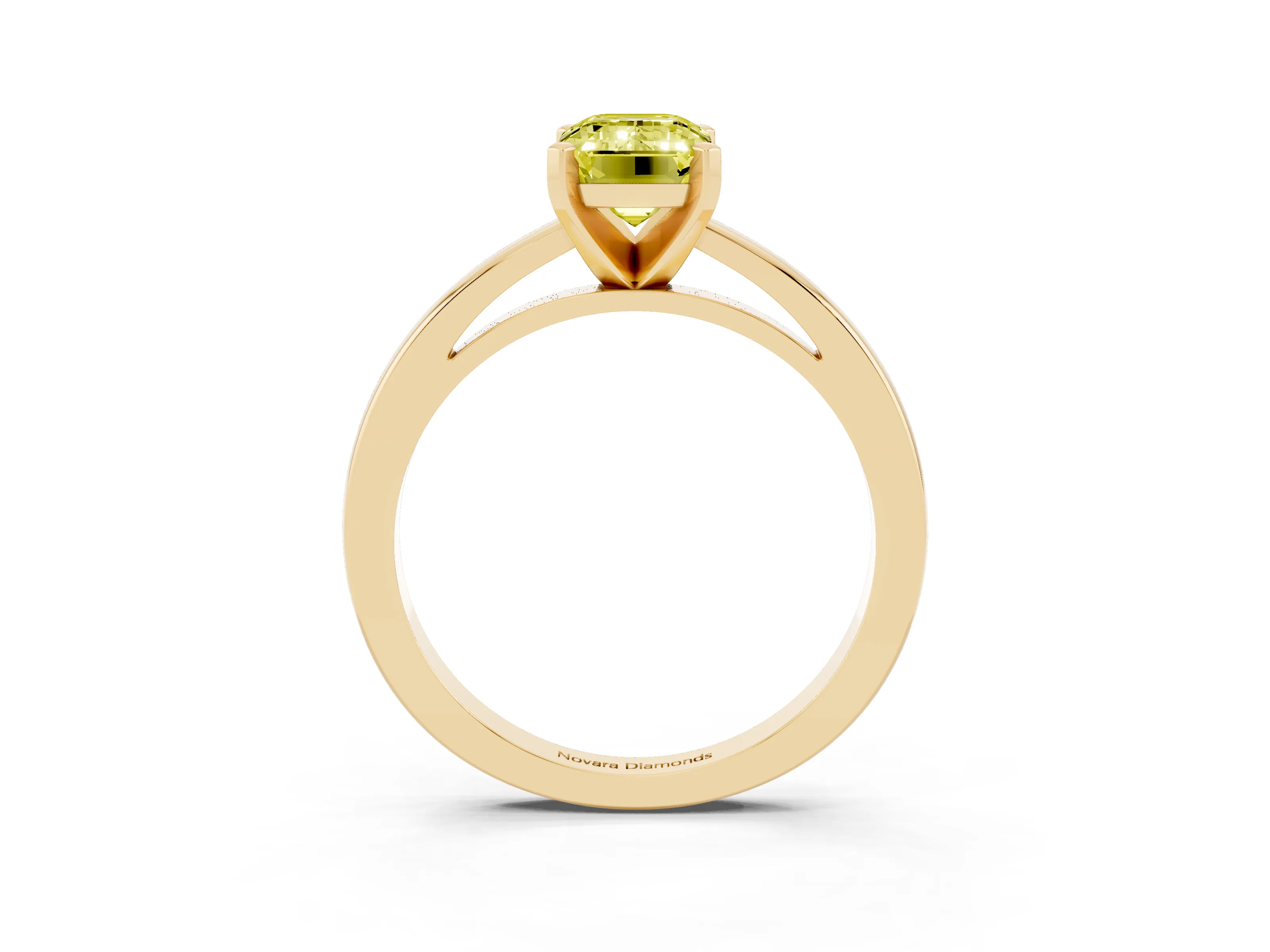 Fancy Yellow Emerald Cut Diamond Solitaire Engagement Ring Set in Yellow gold with Prong Setting on a Classic Band