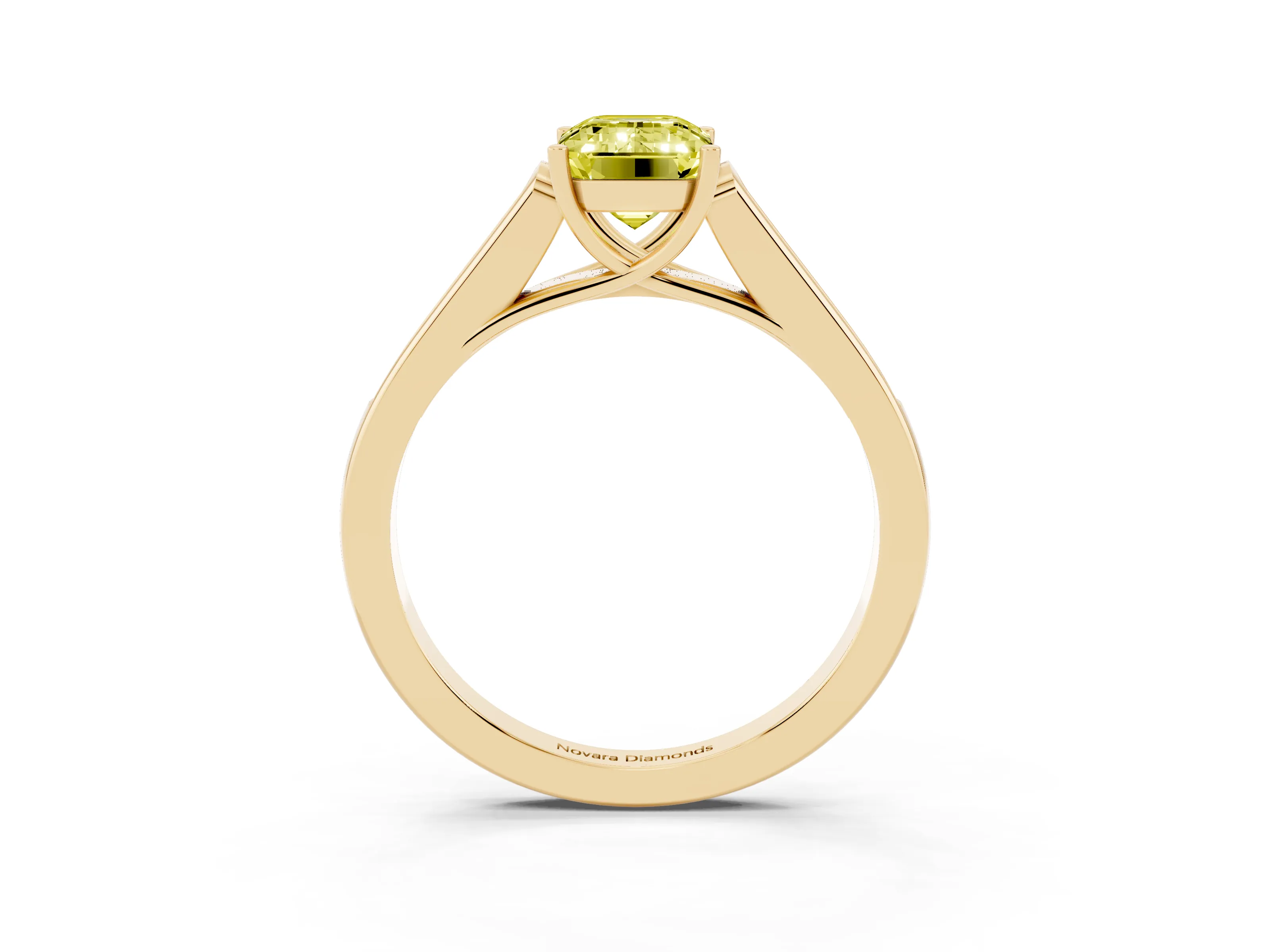 Fancy Yellow Emerald Cut Diamond Solitaire Cathedral Engagement Ring Set in Yellow gold with Channel-Set Band and Prong Setting