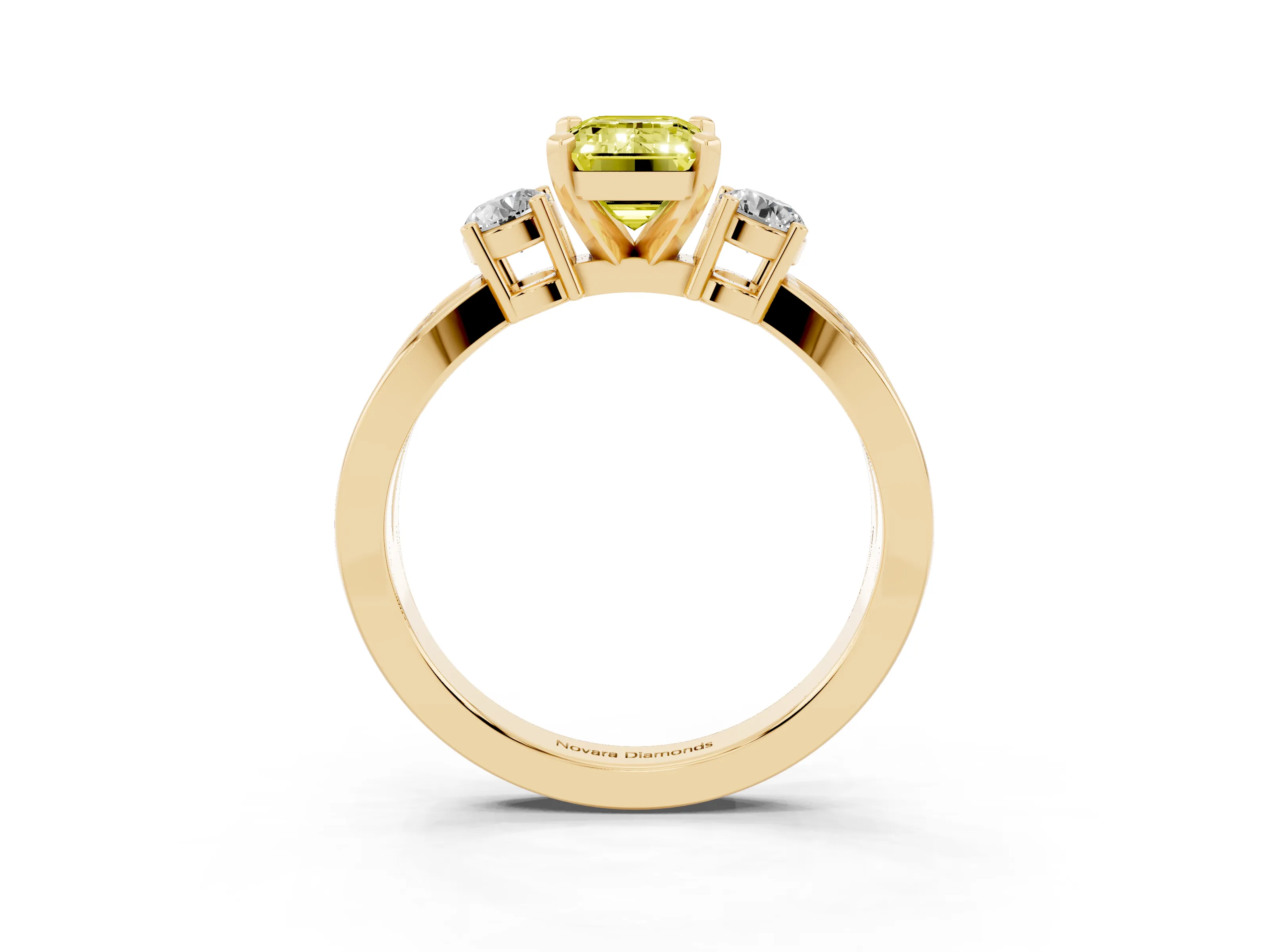 Fancy Yellow Three-Stone Emerald Cut Diamond Twist Band Ring Set in Yellow gold with Pavé Accents and Prong Setting