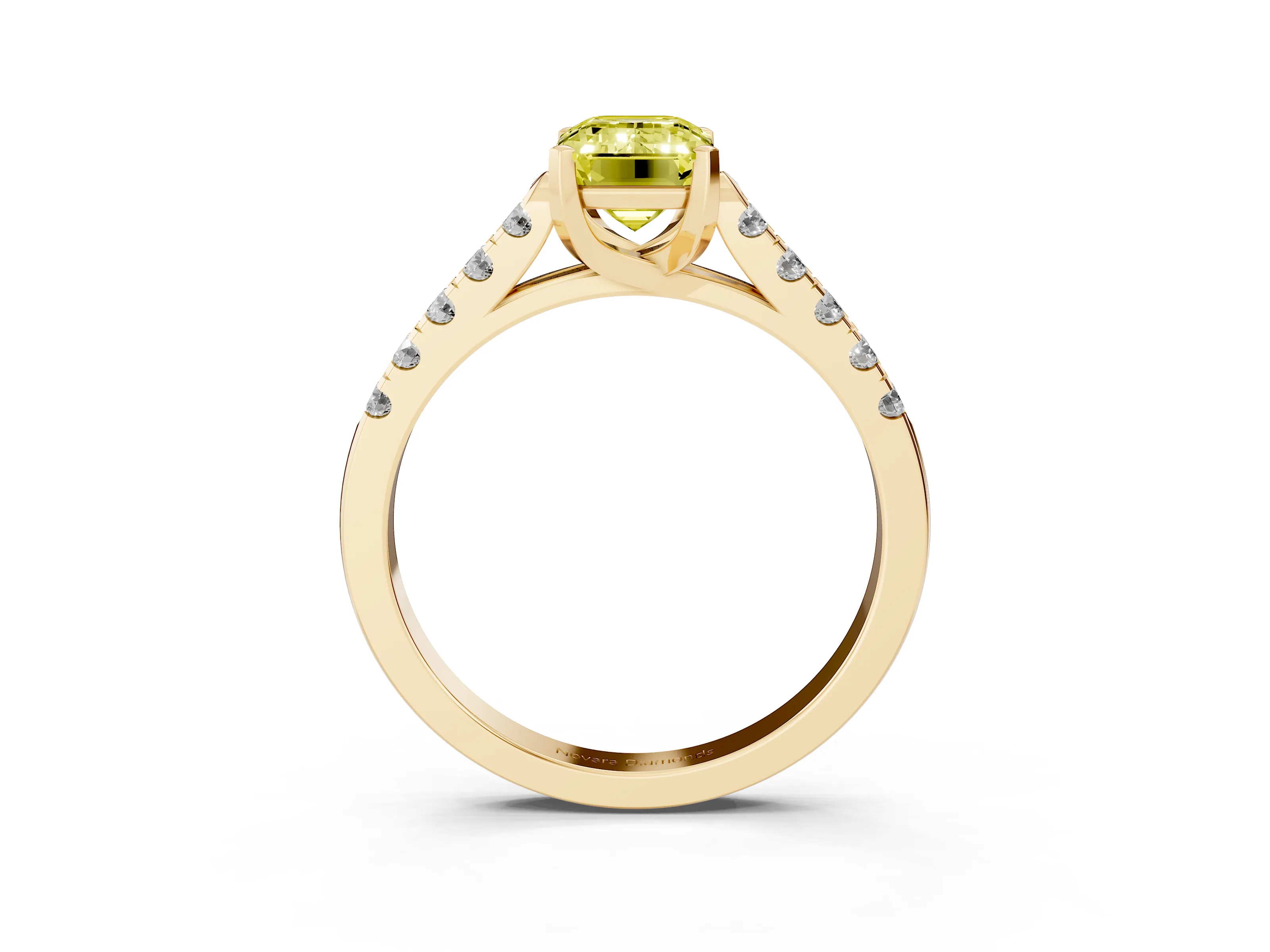 Fancy Yellow Emerald Cut Diamond Pavé Band Solitaire Ring Set in Yellow gold with Partway Accent Stones and Prong Setting