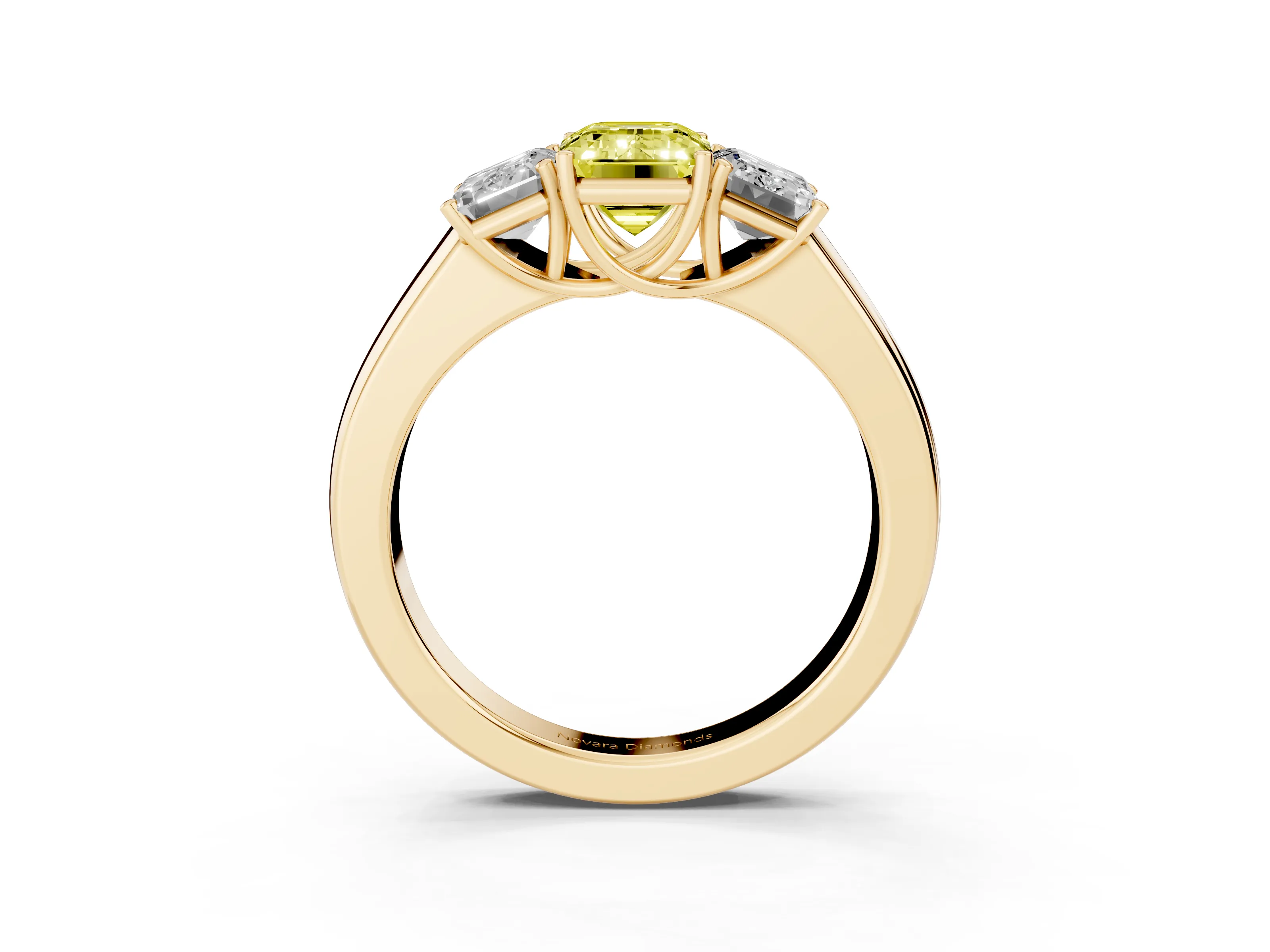 Fancy Yellow Three-Stone Emerald Cut Diamond Ring Set in Yellow gold with Matching Prong Settings and Plain Band