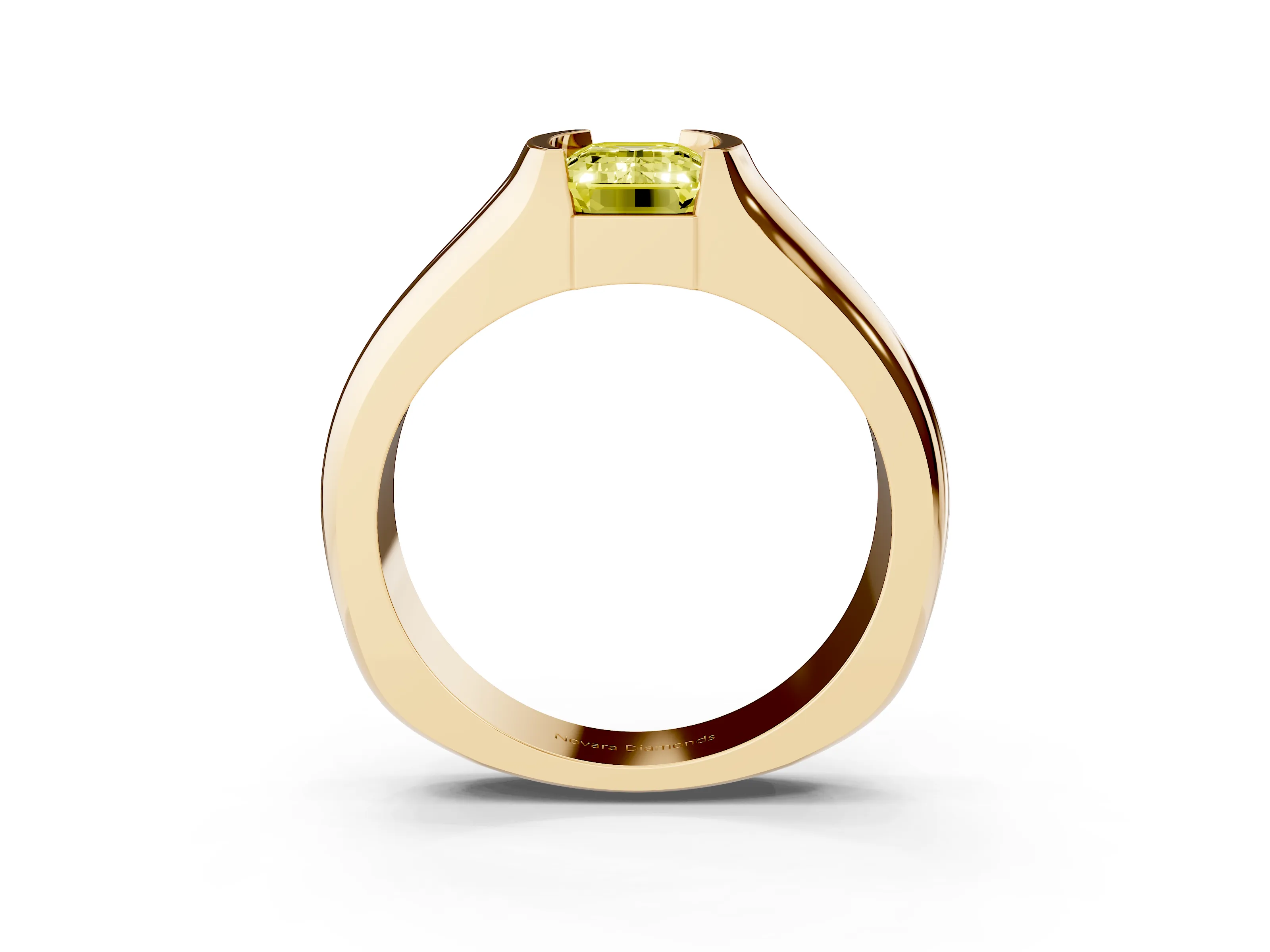 Fancy Yellow Emerald Cut Diamond Bezel Solitaire Ring Set in Yellow gold with Wide Band