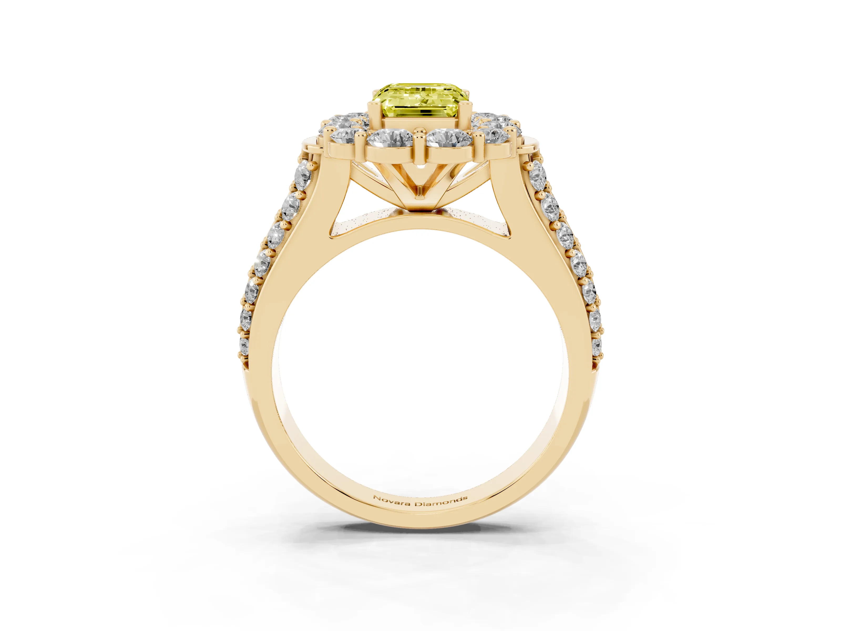 Fancy Yellow Emerald Cut Diamond Halo Engagement Ring Set in Yellow gold with Split Shank and Prong Setting
