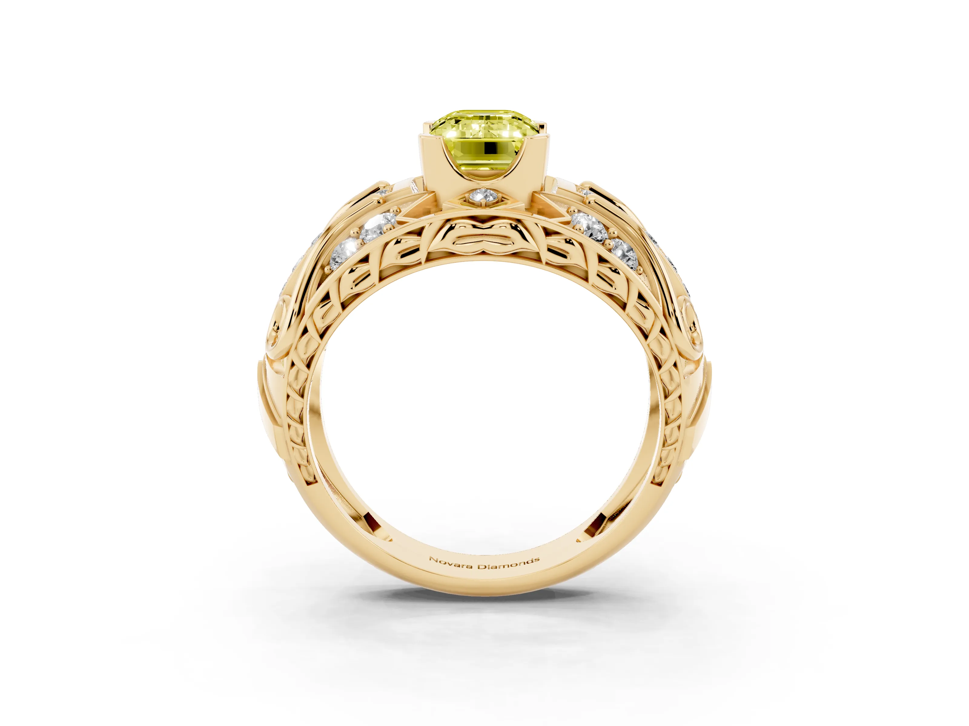 Fancy Yellow Emerald Cut Diamond Art Deco Ring Set in Yellow gold with Pavé Split Shank