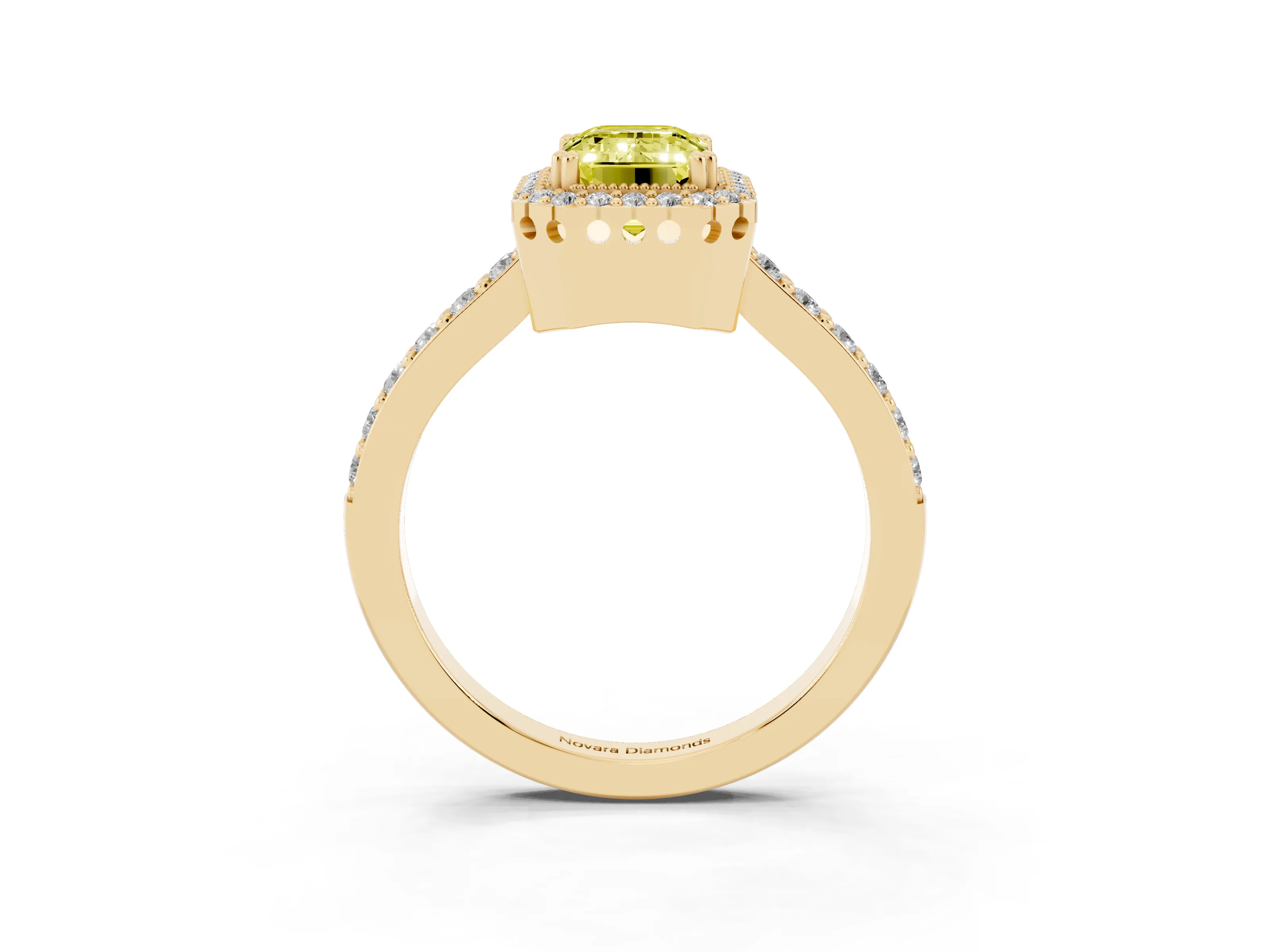 Fancy Yellow Emerald Cut Diamond Halo Engagement Ring Set in Yellow gold with Milgrain Detail and Pavé Band