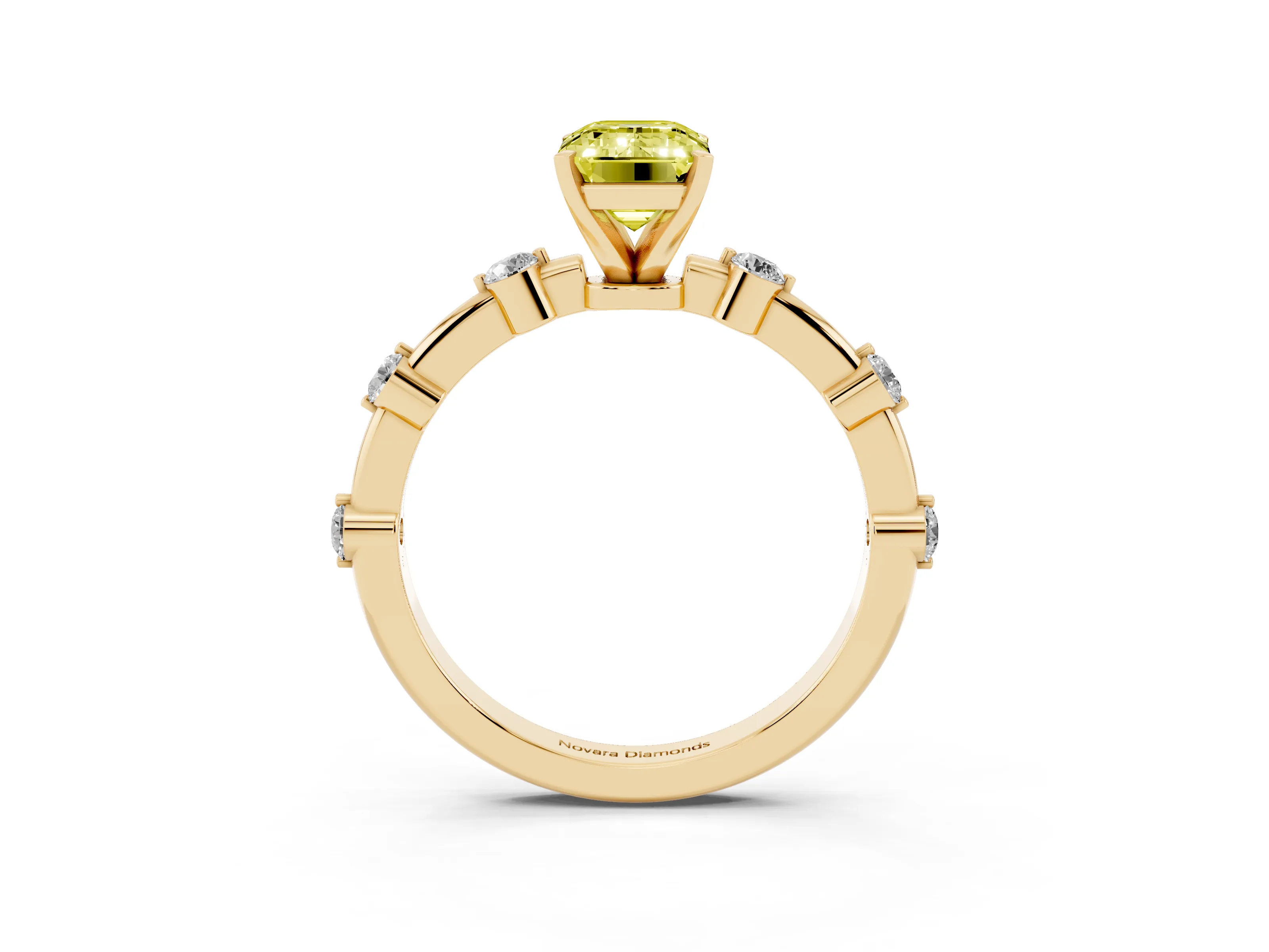 Fancy Yellow Emerald Cut Diamond Solitaire Ring Set in Yellow gold with Bezel Set Side Stones and Prong Setting