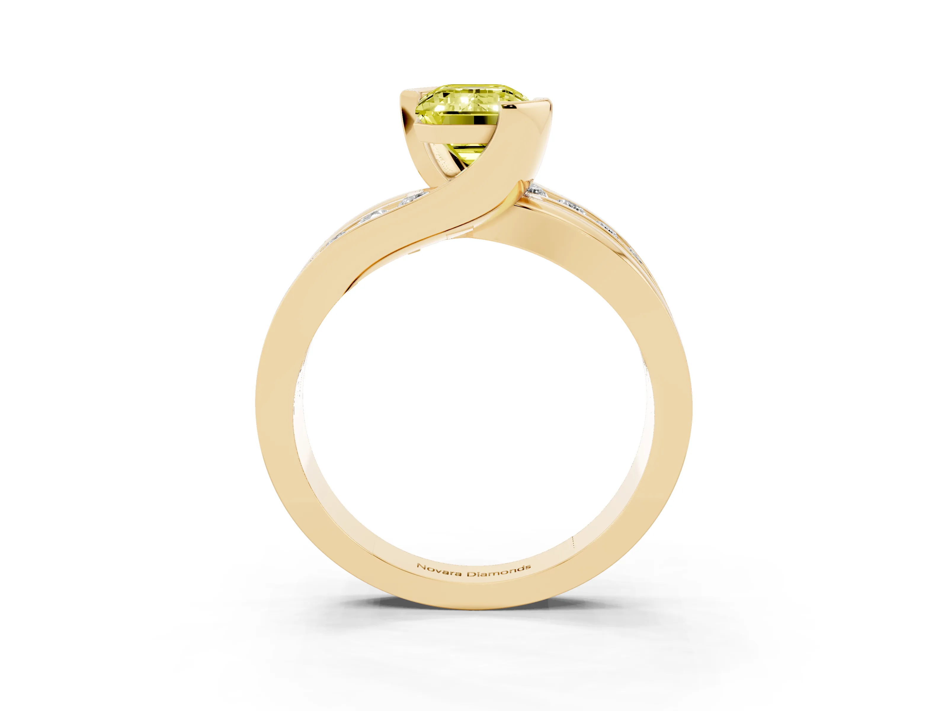 Fancy Yellow Emerald Cut Diamond Solitaire Ring Set in Yellow gold with Channel Set Split Shank and Tension Prongs
