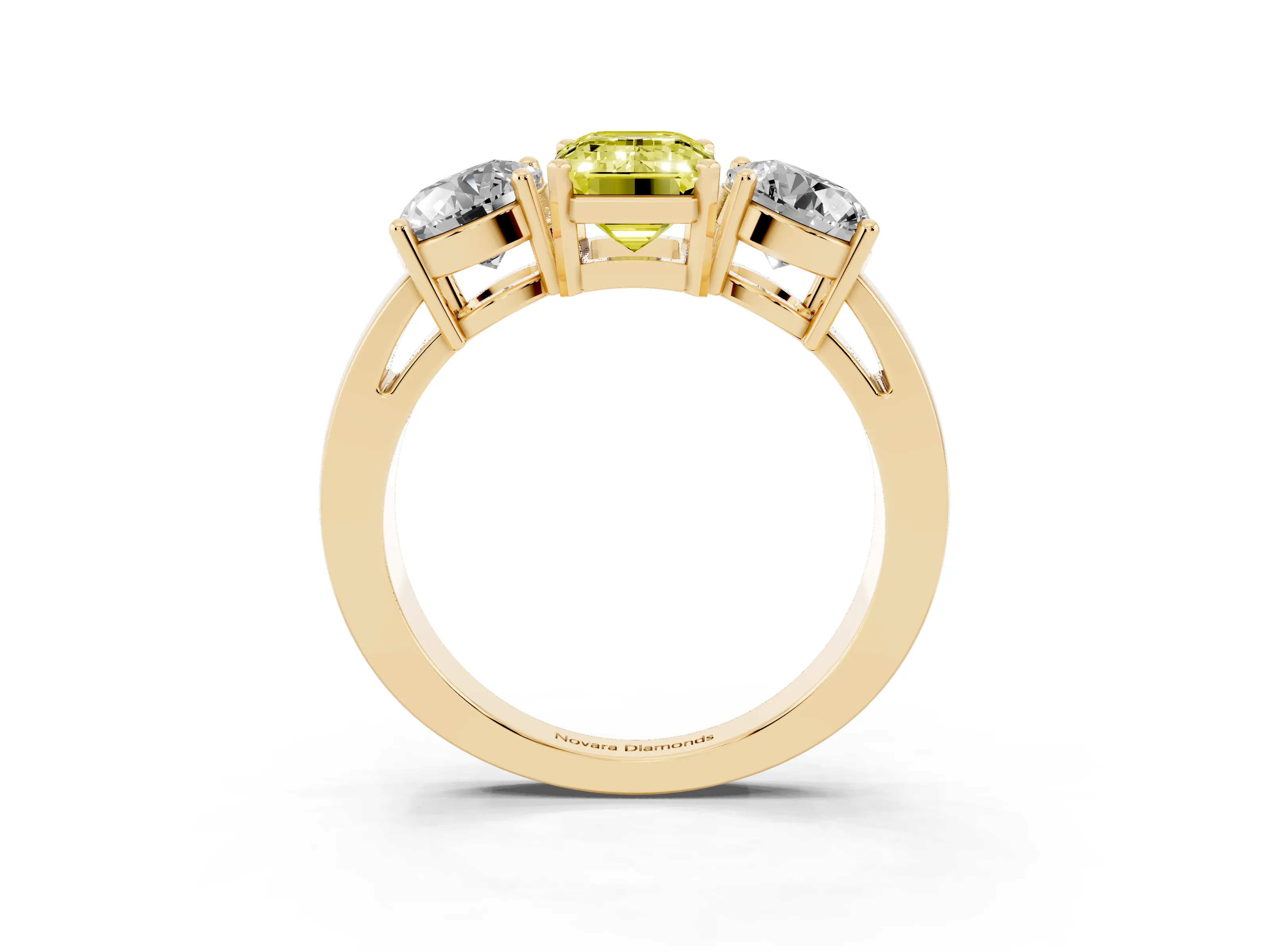 Fancy Yellow Emerald Cut Diamond Three-Stone Ring Set in Yellow gold with Round Side Stones and Classic Band