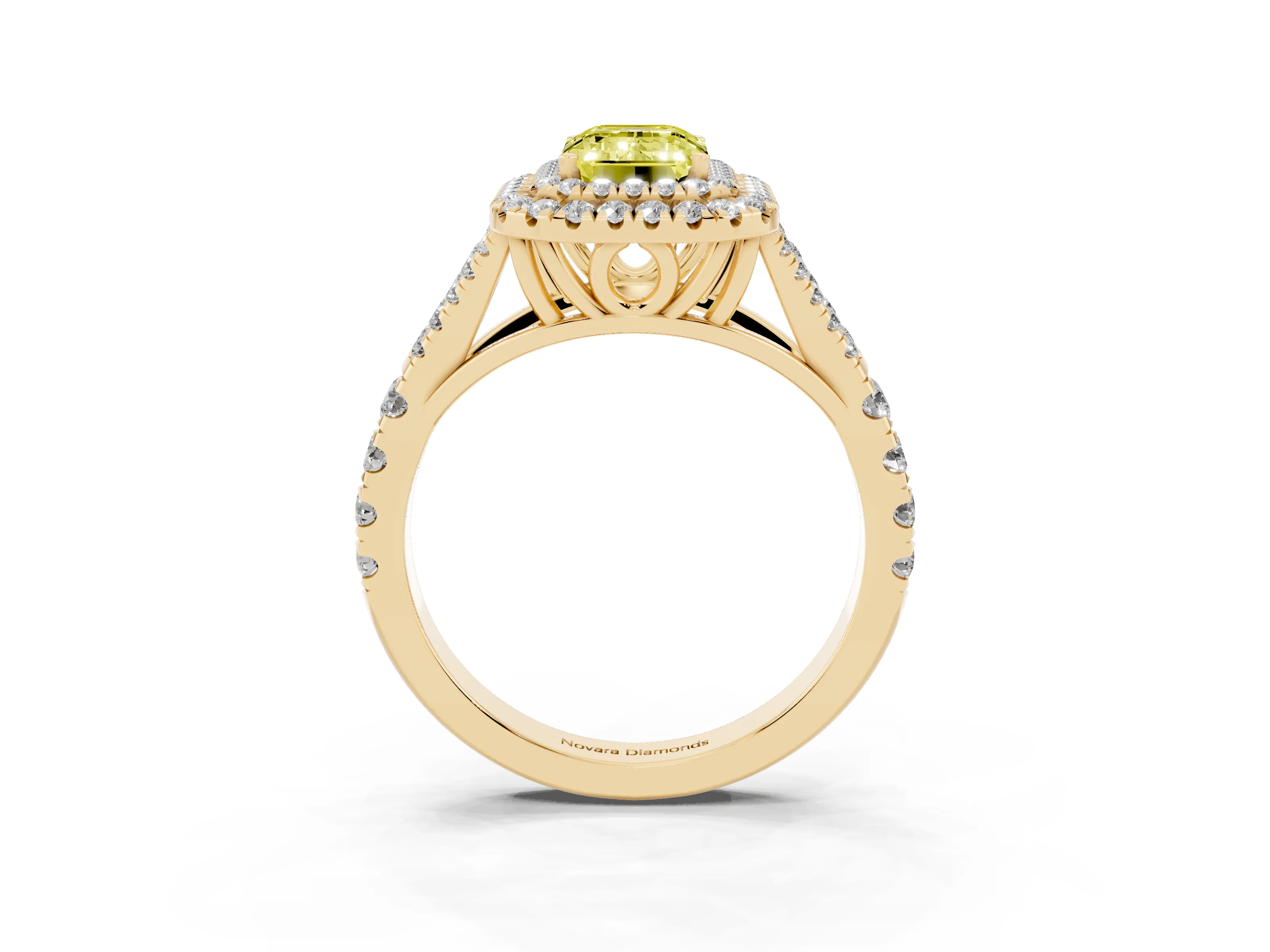 Fancy Yellow Emerald Cut Diamond Pavé Split Shank Double Halo Engagement Ring Set in Yellow gold