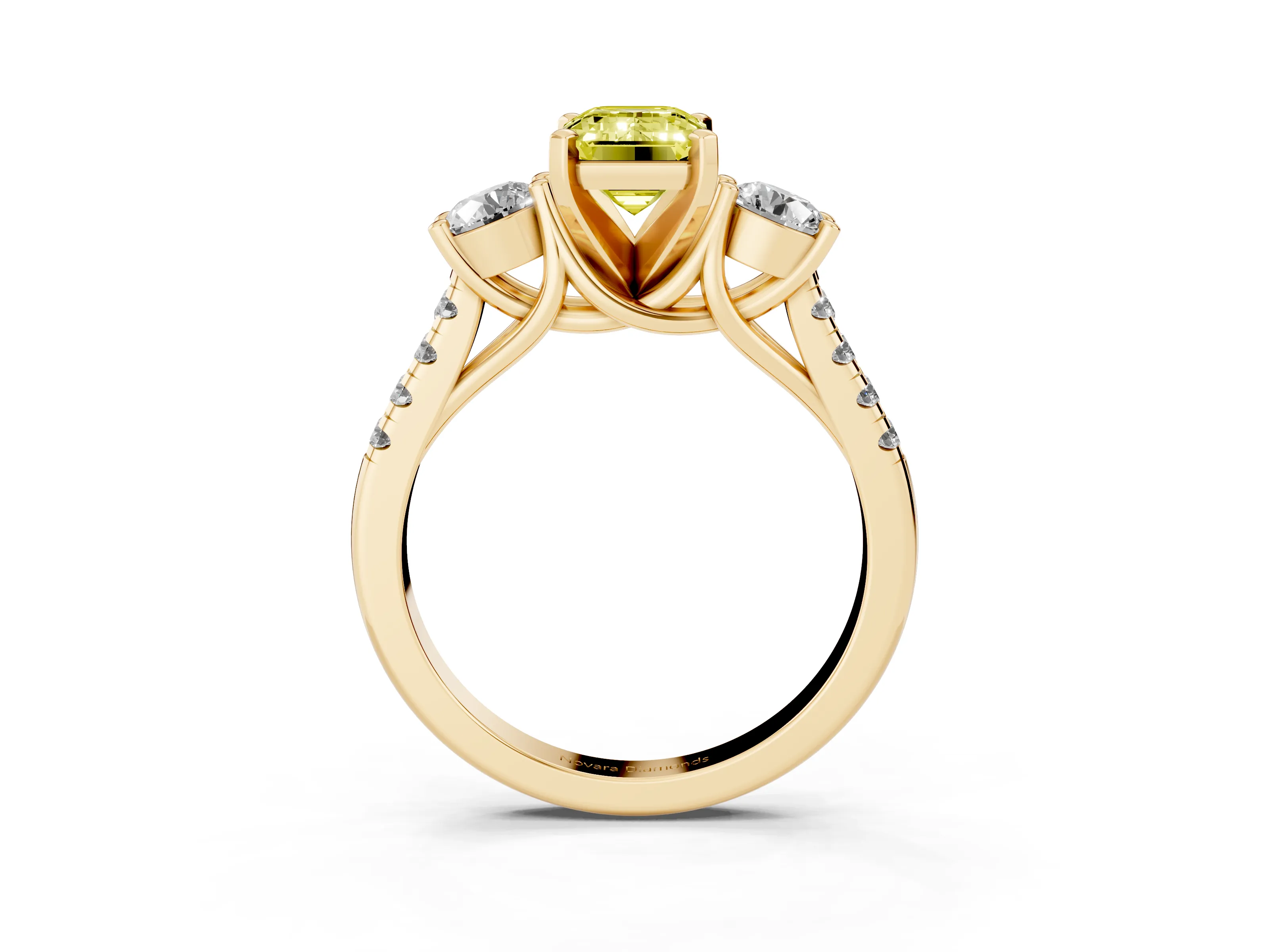 Fancy Yellow Three-Stone Emerald Cut Diamond Pavé Band Ring Set in Yellow gold with Prong-Set Trio