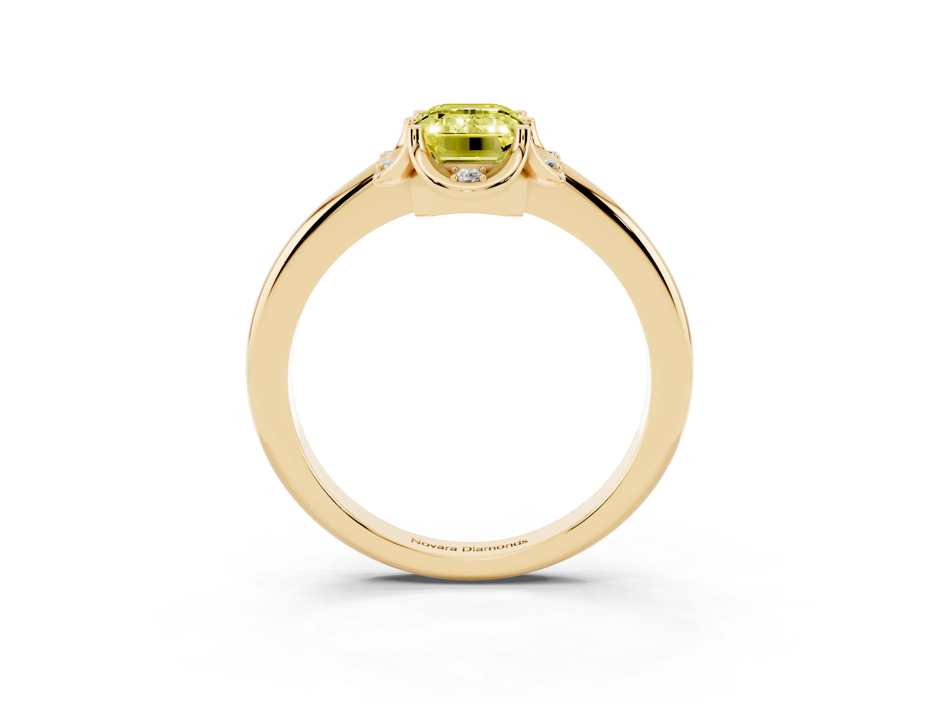 Fancy Yellow Emerald Cut Diamond Round Cluster Halo Ring Set in Yellow gold with Solitaire Band and Prong Setting