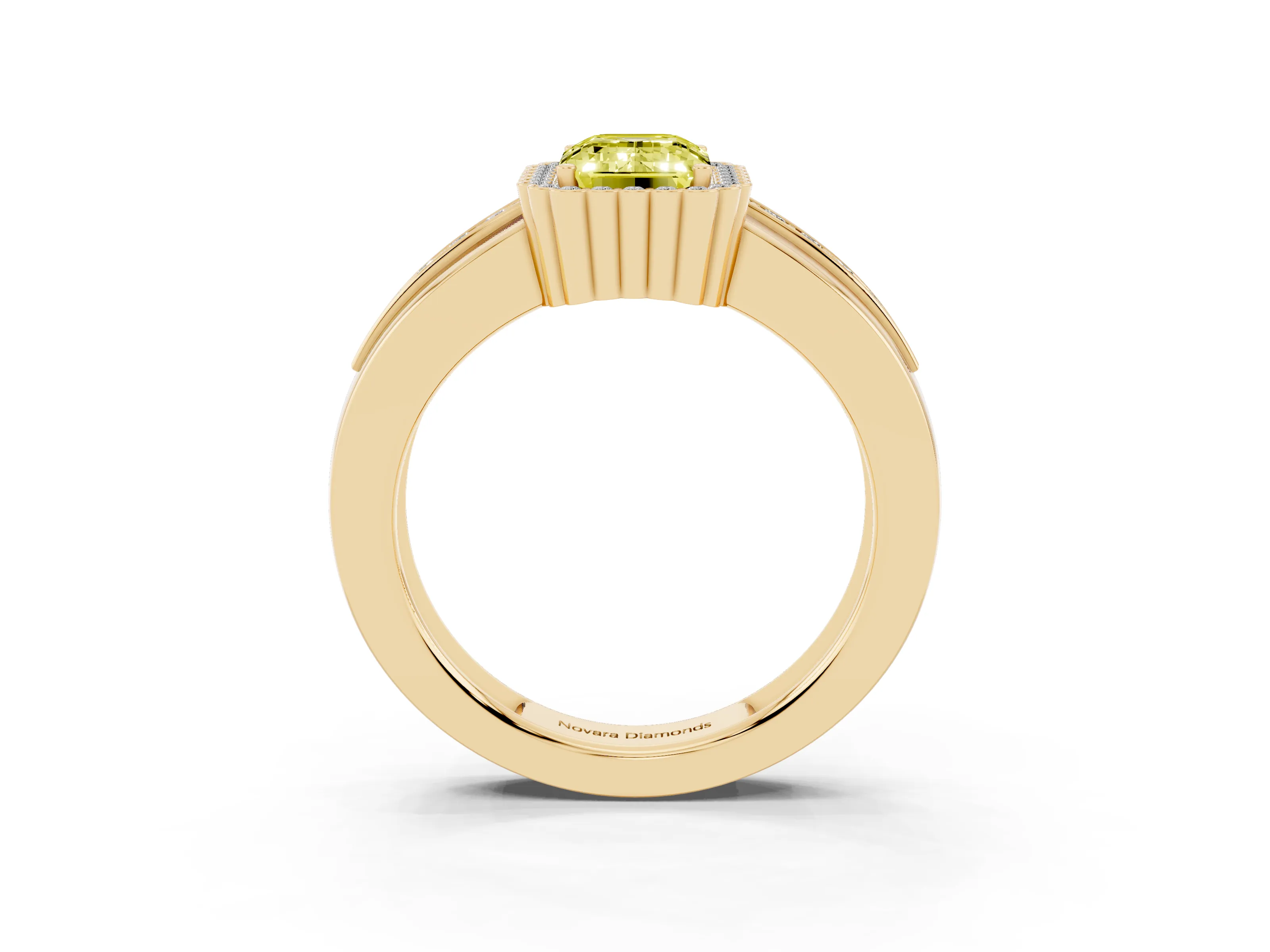Fancy Yellow Emerald Cut Diamond Halo Prong Ring Set in Yellow gold with Pavé Band