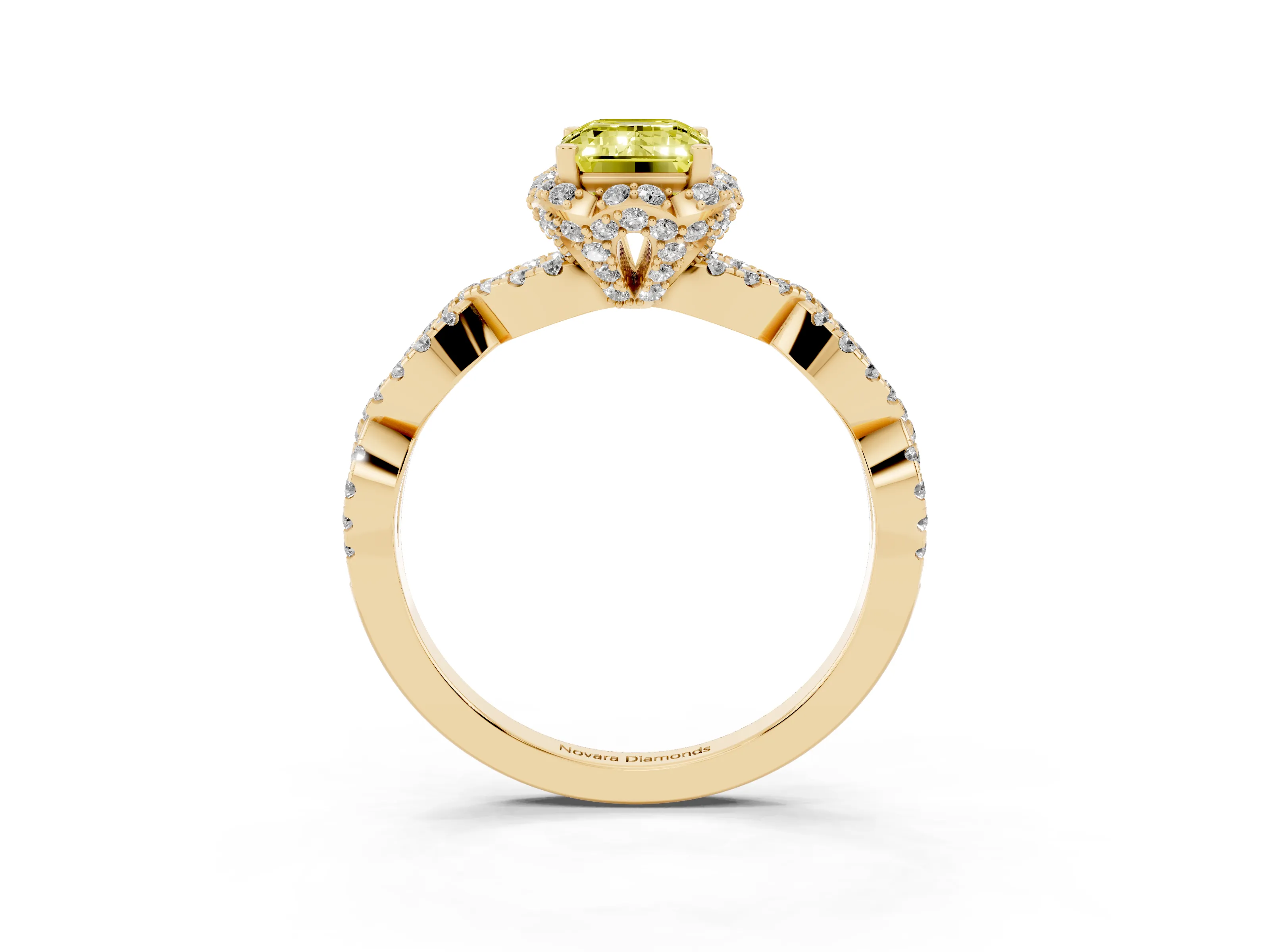 Fancy Yellow Emerald Cut Diamond Halo Twist Band Solitaire Ring Set in Yellow gold with Prong-Set Center Stone