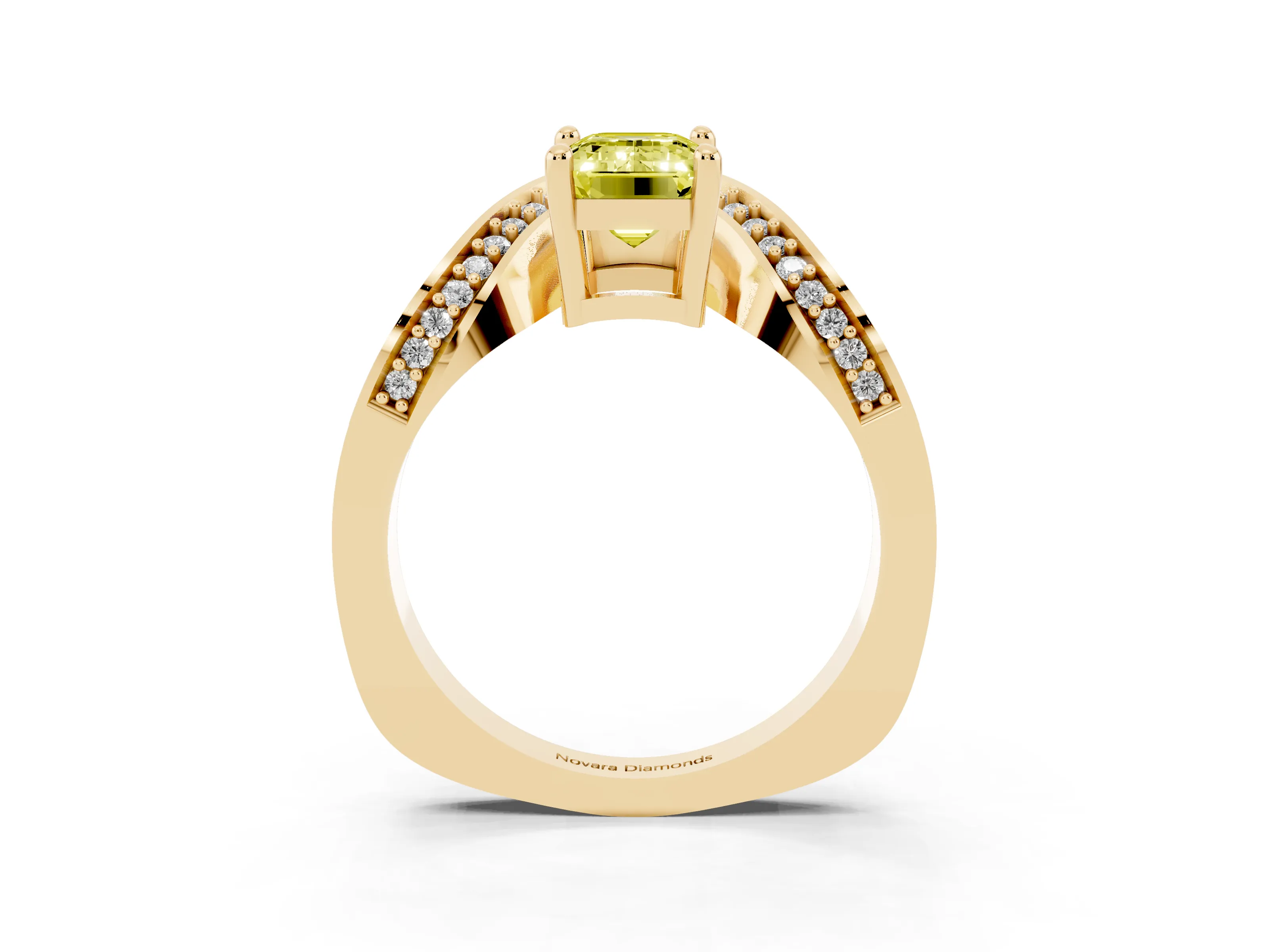 Fancy Yellow Emerald Cut Diamond Solitaire Engagement Ring Set in Yellow gold with Pavé Shoulders