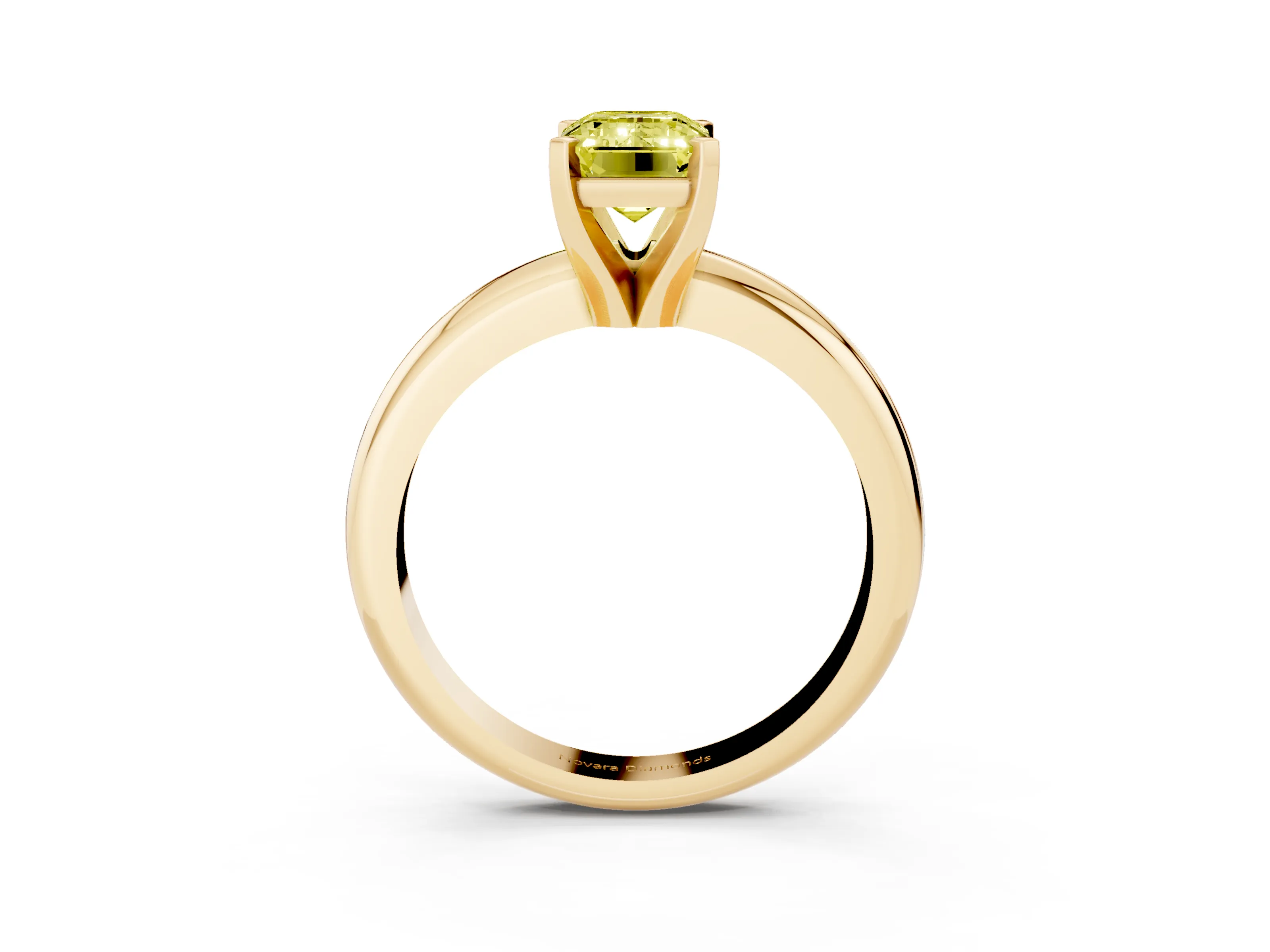 Fancy Yellow Emerald Cut Diamond Solitaire Engagement Ring Set in Yellow gold with Round Band and Prong Setting