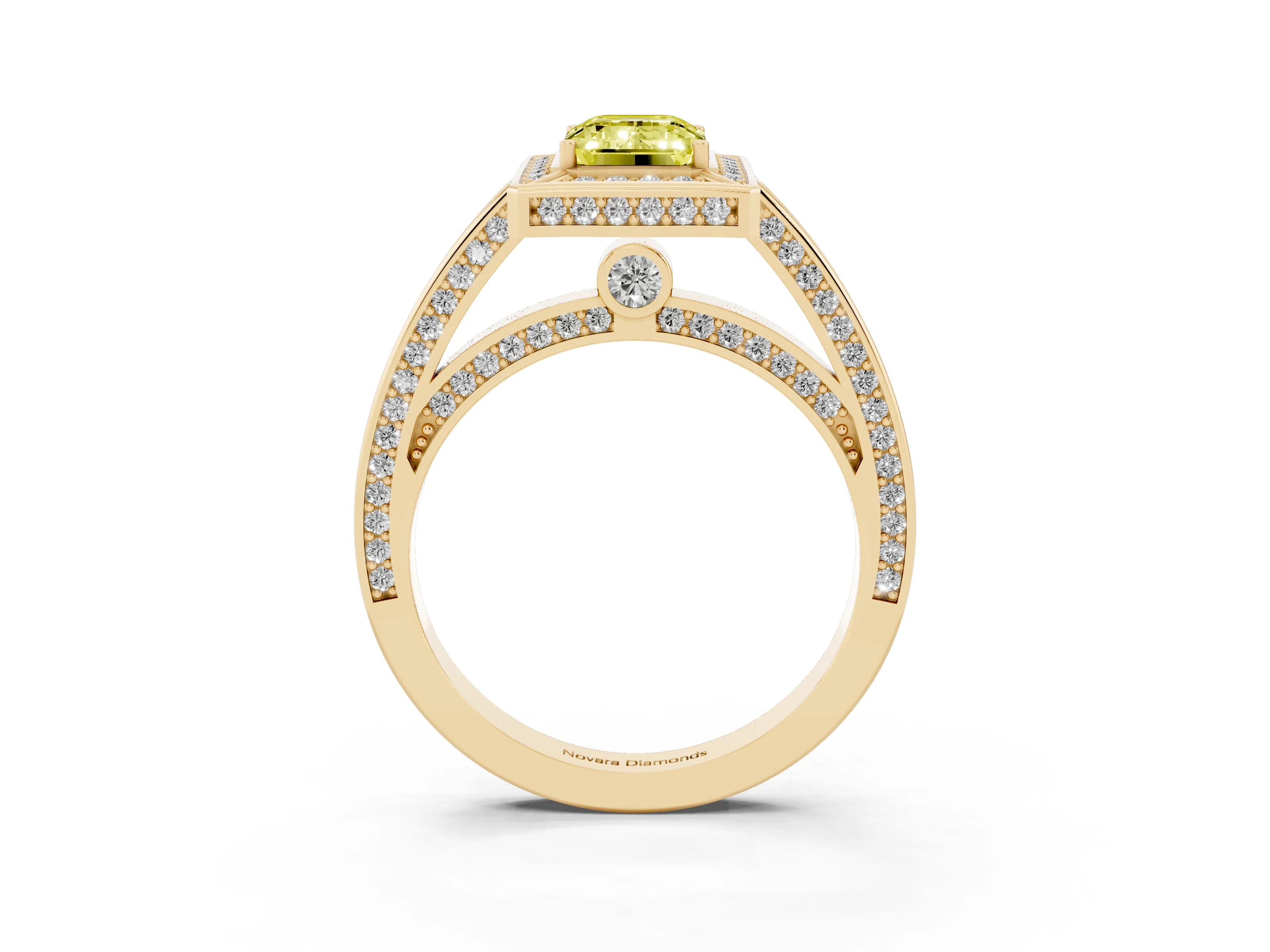 Fancy Yellow Emerald Cut Diamond Halo Pavé Split Shank Ring Set in Yellow gold with Prong Setting