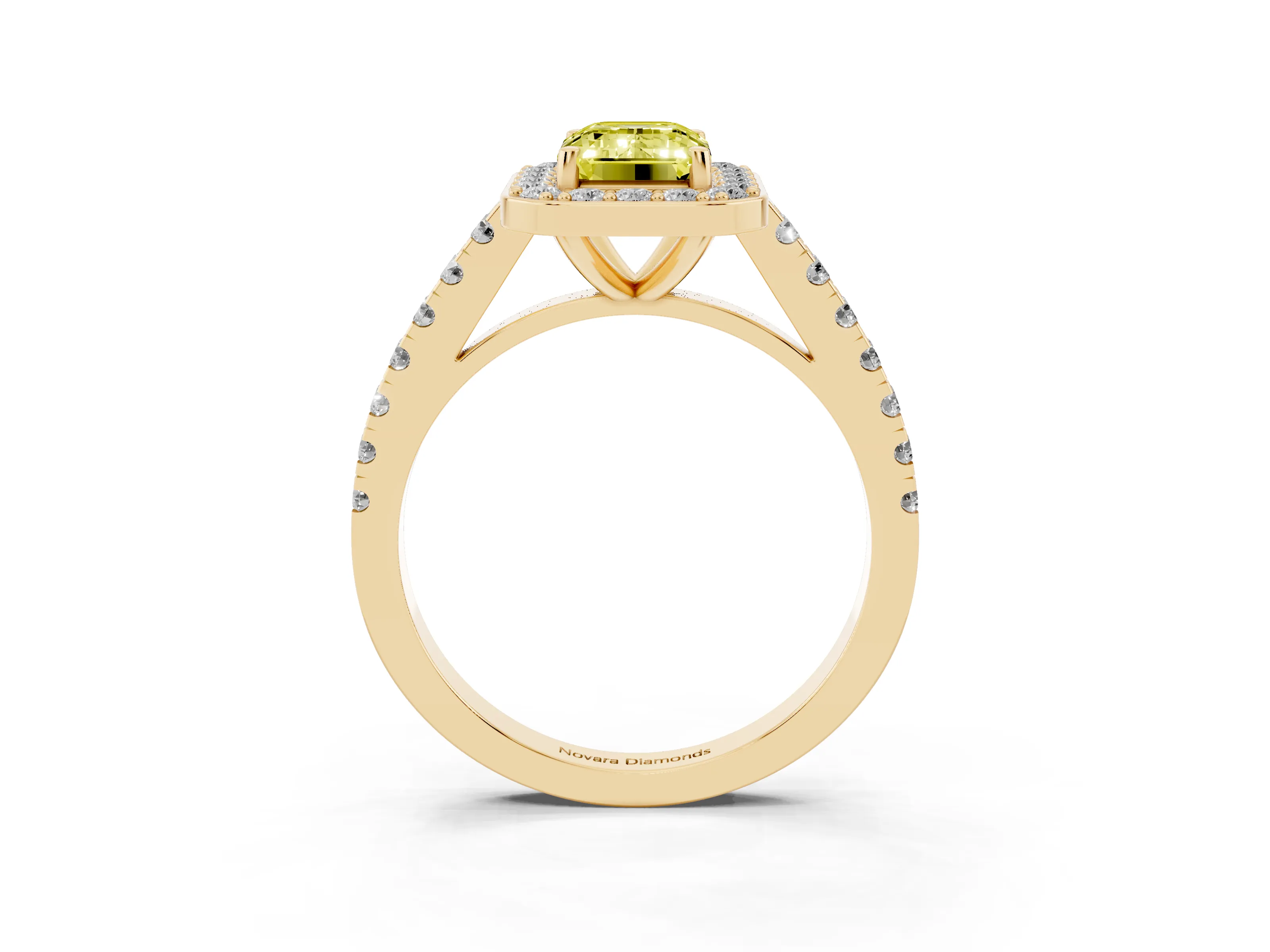 Fancy Yellow Emerald Cut Diamond Halo Ring Set in Yellow gold with Round Pavé Split Shank and Prong Setting