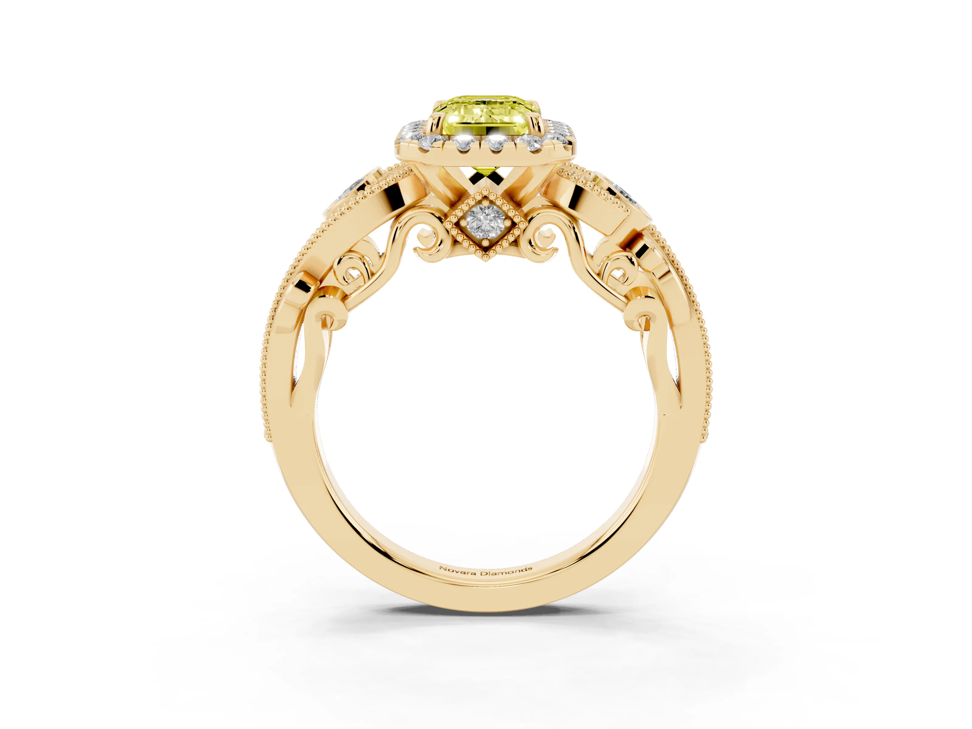 Fancy Yellow Emerald Cut Diamond Halo Ring Set in Yellow gold with Milgrain Pavé Band and Prong Setting