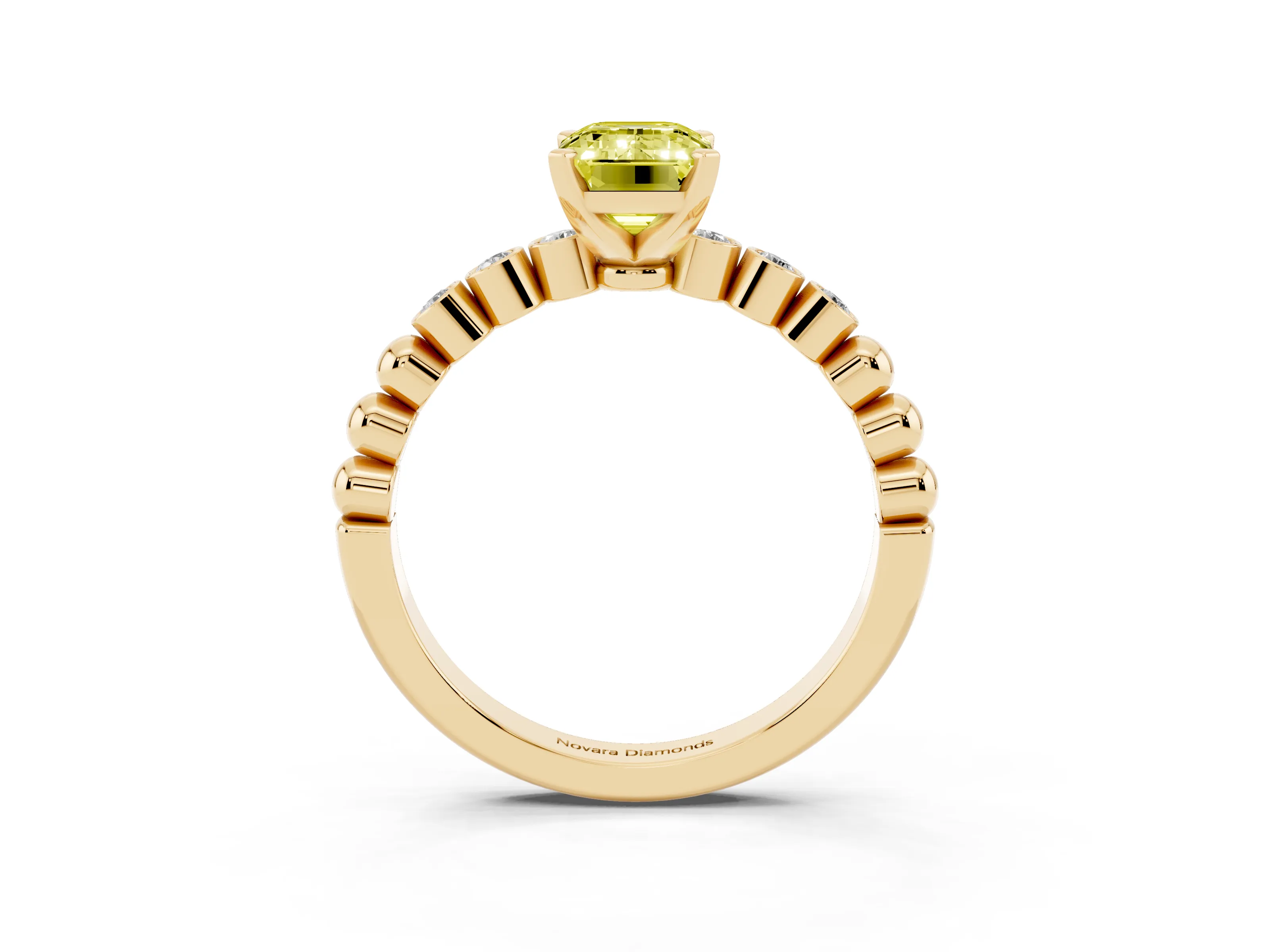 Fancy Yellow Emerald Cut Diamond Solitaire Engagement Ring Set in Yellow gold with Bezel Accents on Beaded Band