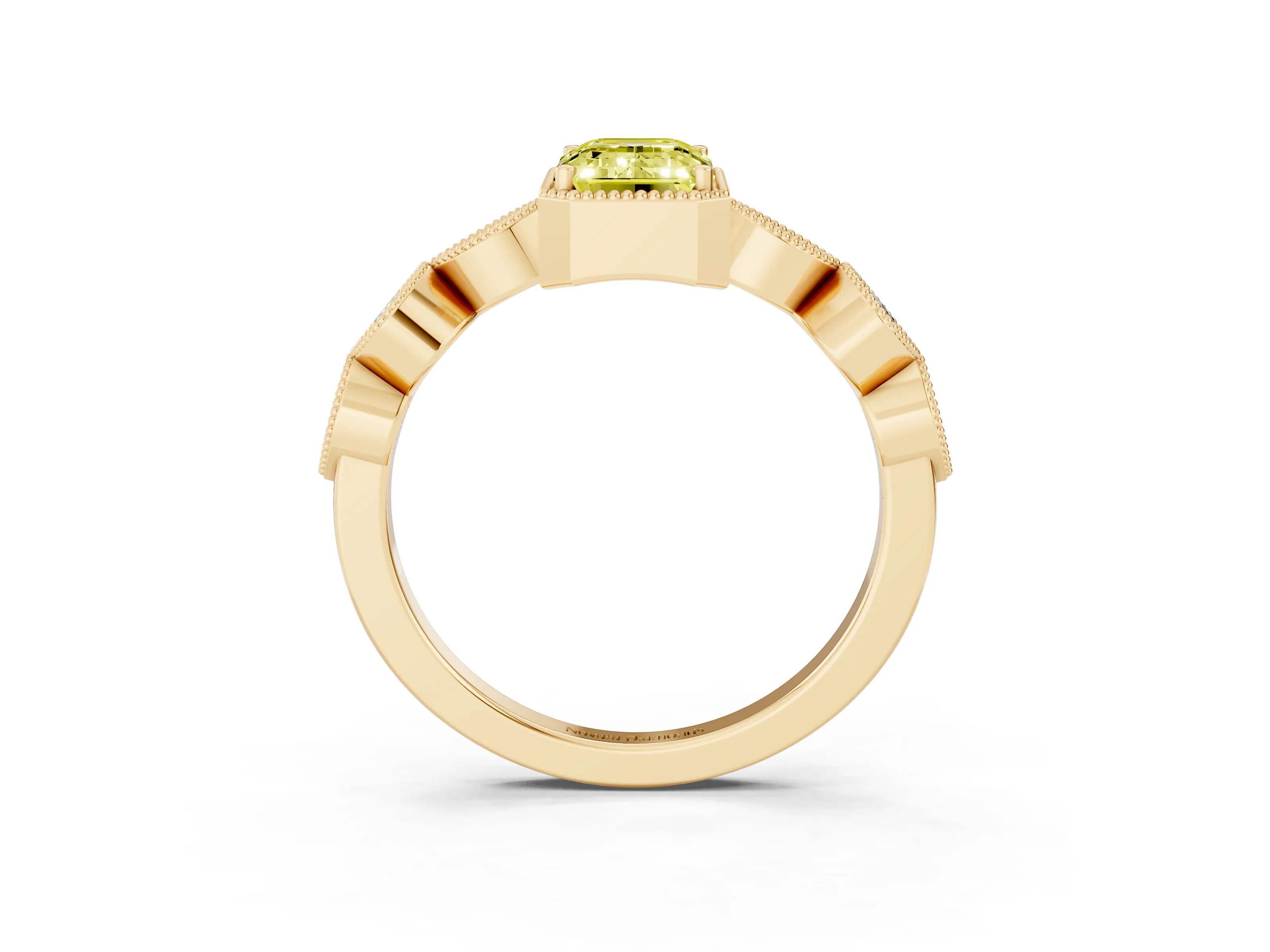 Fancy Yellow Emerald Cut Diamond Vintage-Inspired Milgrain Ring Set in Yellow gold with Marquise Stations of Round Accents