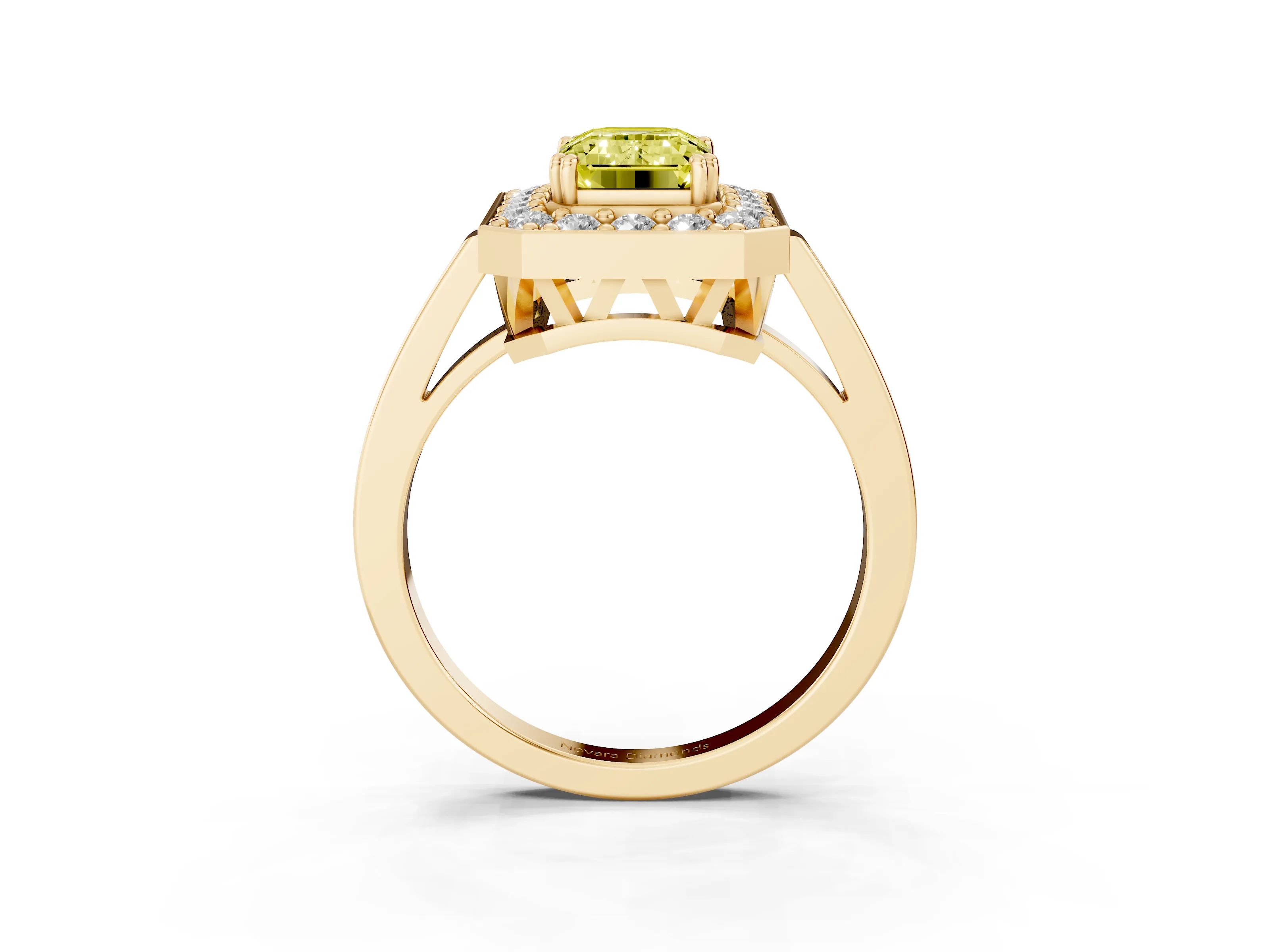Fancy Yellow Emerald Cut Diamond Halo Ring Set in Yellow gold with Accent-Lined Split Shank and Prong Setting
