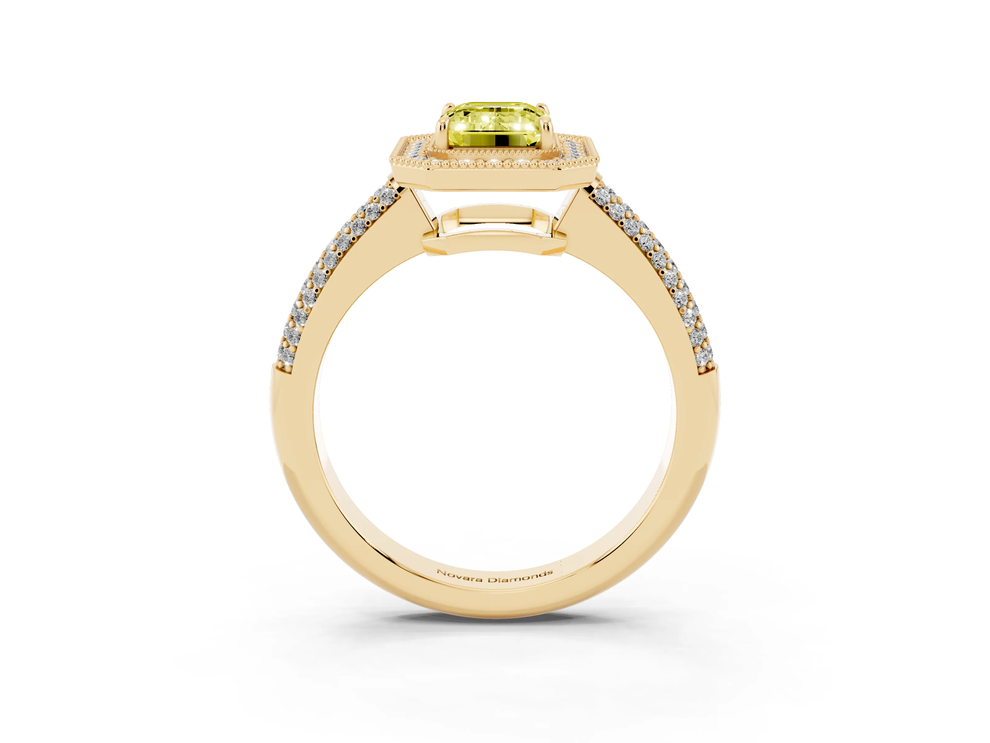Fancy Yellow Emerald Cut Diamond Halo Pavé Band Set in Yellow gold with Prong Setting