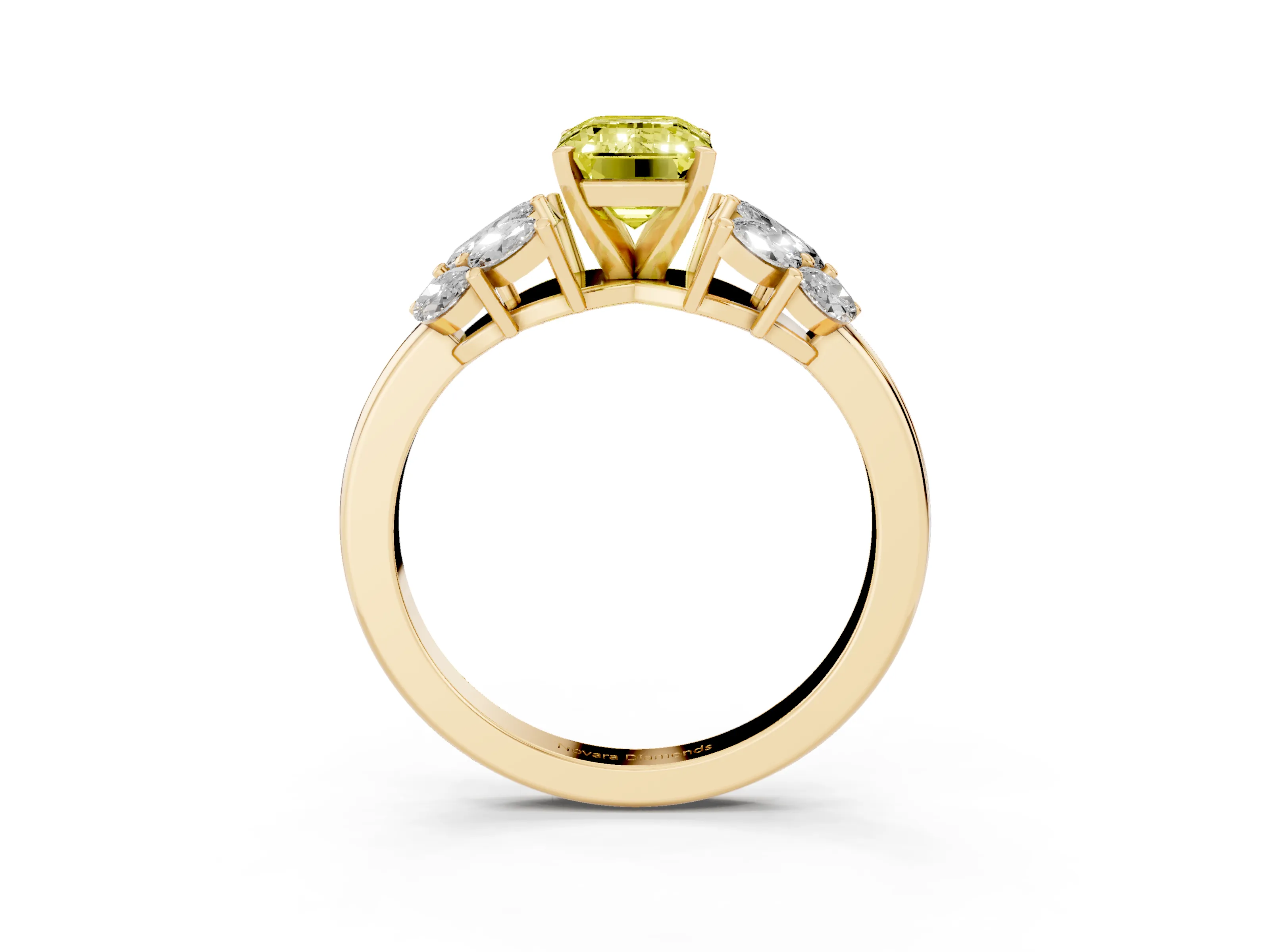 Fancy Yellow Emerald Cut Diamond Cluster Leaf Design Ring Set in Yellow gold with Prong Setting