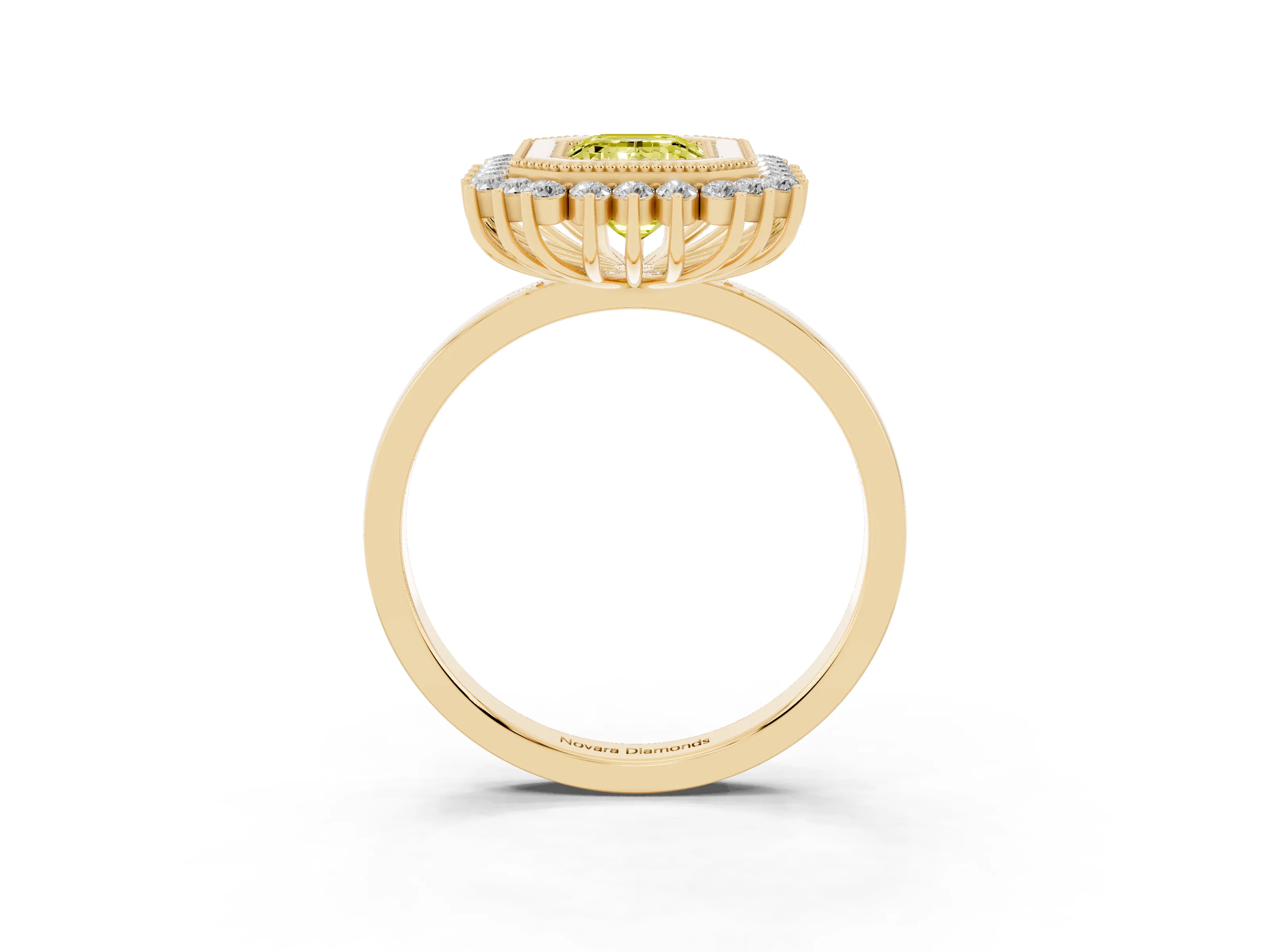 Fancy Yellow Emerald Cut Diamond Halo Ring Set in Yellow gold with Milgrain Edge and Round Prong Setting
