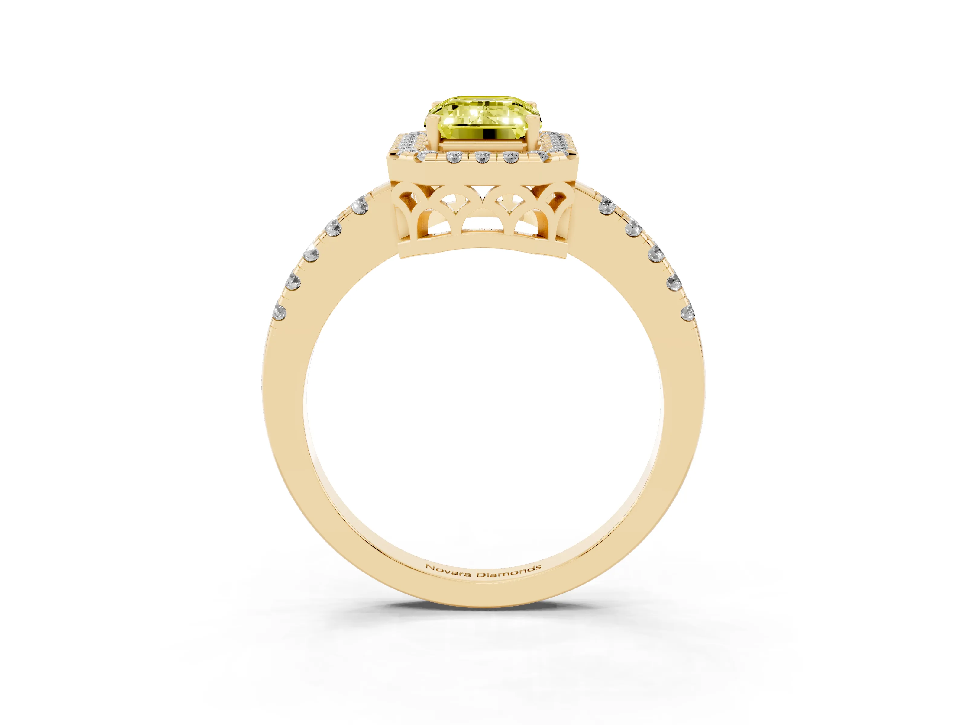 Fancy Yellow Emerald Cut Diamond Pavé Band Halo Engagement Ring Set in Yellow gold with Prong Setting