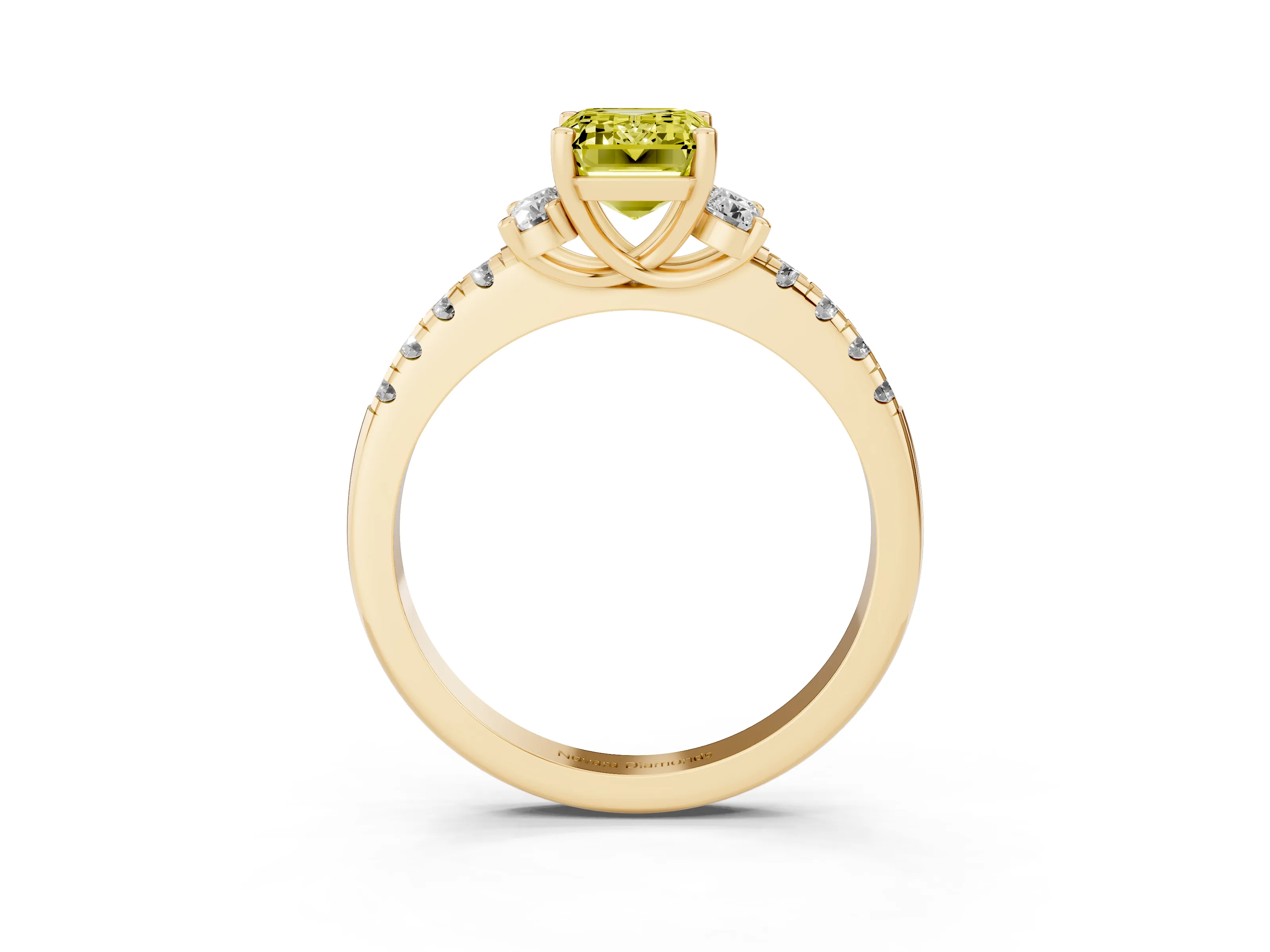 Fancy Yellow Emerald Cut Diamond Three-Stone Pavé Ring Set in Yellow gold with Prong Setting