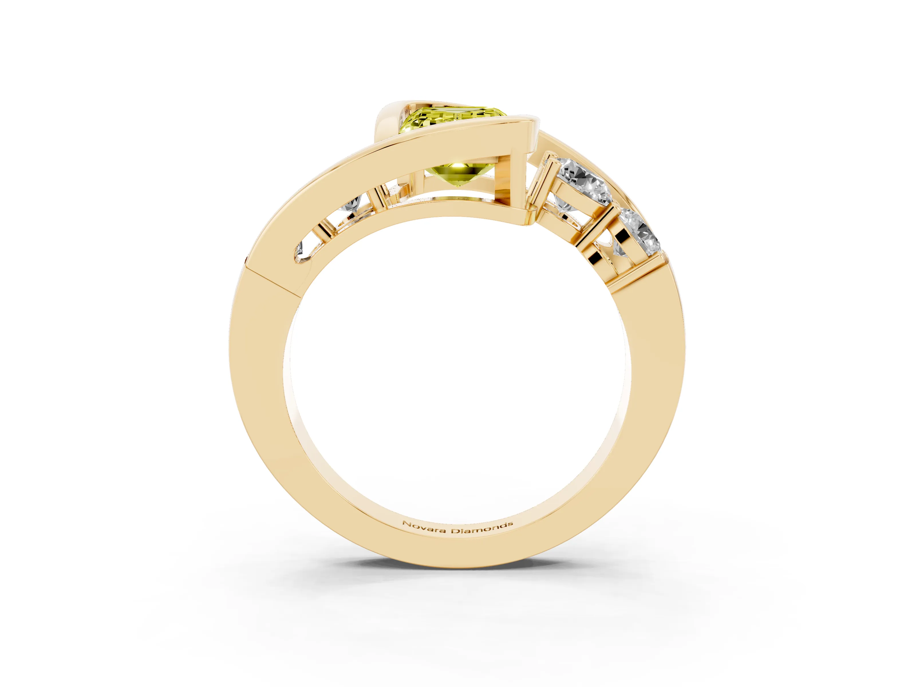 Fancy Yellow Emerald Cut Diamond Bezel Bypass Ring Set in Yellow gold with Round Accents