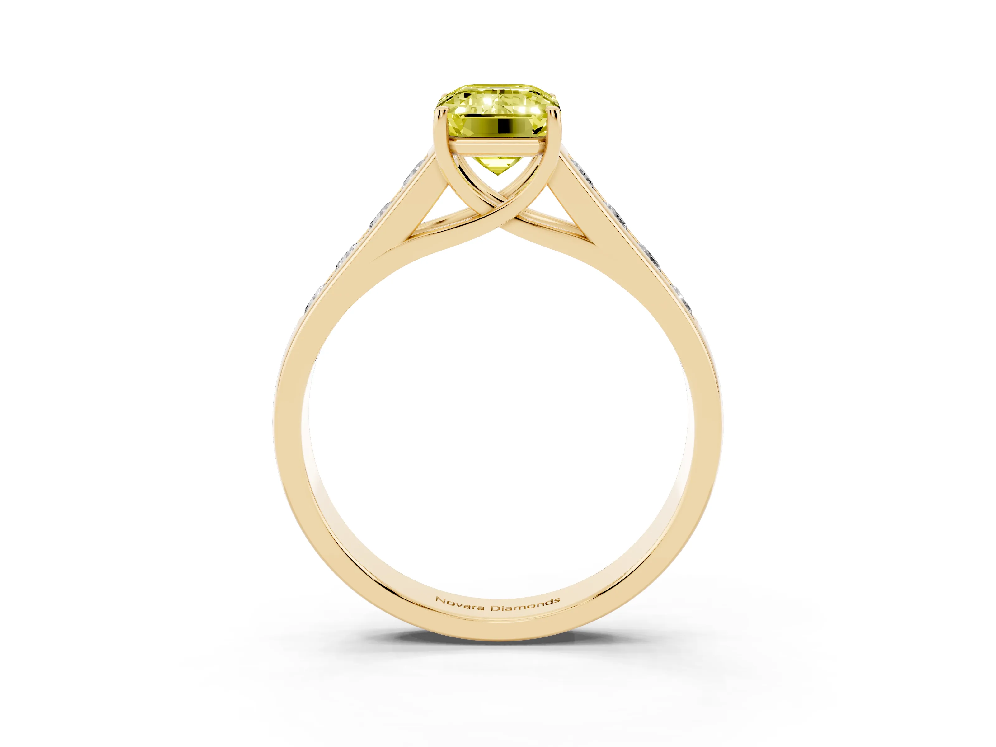 Fancy Yellow Emerald Cut Diamond Solitaire Channel-Set Engagement Ring Set in Yellow gold with Prong Setting